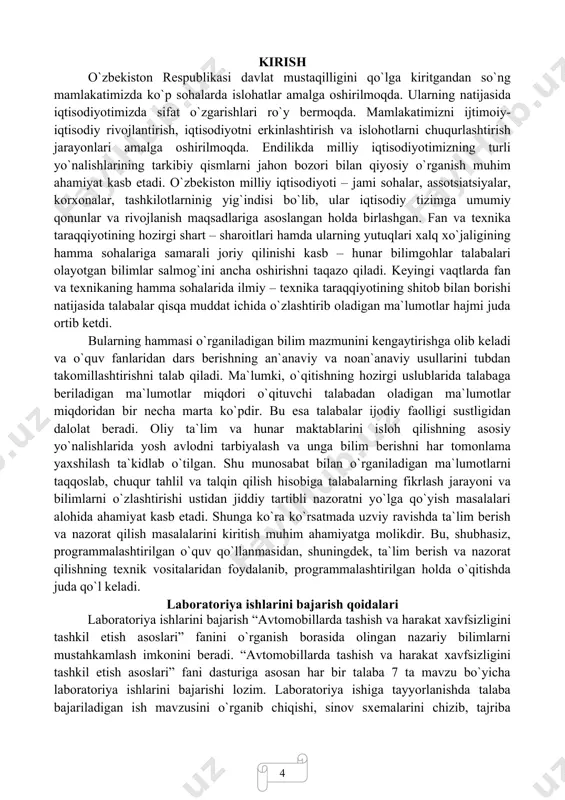 olmagan talabalar laboratoriya ishlariga qo`yilmaydi. talabalar o`qituvchi tomonidan berilgan ishlarni bajarish vaqtida ko`rsatilgan va ish stoli (joyi) ustidagi asboblardan foydalanadi. ish bajarishdan oldin talabalar laboratoriya ishi bilan tanishib, ishlash usullari, harakat xavfsizligi qoidalari bilan tanish bo`lishlari, elektr zanjir chizmalari, stendlar, kompyuter, dstgoh, ta`mirlovchining asbob-uskunalari bilan mukammal tanishgan holda ishga kirishadilar. ishni bajarishga kirishayotgan talabalar quyidagilarga qat`iy rioya qilishlari shart: 1. talabalar tomonidan bosh kalitni qo`shishlari qat`iyan man etiladi. 1. ish vaqtida elektr mashinalarning aylanuvchi qismlariga tegib ketmaslikka ahamiyat berish lozim. 1. o`quv qurilmalarning biror qismida nosozlik aniqlangan zahotiyoq talabalar o`qituvchiga xabar berishlari kerak. 1. o`quv sxema va asboblarni kuchlanish ostida tashlab ketish man etiladi. 1. ishlab turgan avtomobillarning dvigatelini nazorat-sozlash ishlarini bajarish (generatorni ishlashini tekshirish, regulyatorni me`yoriga keltirib sozlash va boshqalar)ni ishlab chiqarilgan gazlarni surib oladigan dastgohlar bilan jihozlangan joylarda o`tkazish lozim. 1. faqat tozalangan va moy tegmagan asboblar bilan ishlash tavsiya qilinadi. 1. nazorat tekshiruvi (diagnostika) stendlarida generator, starter …