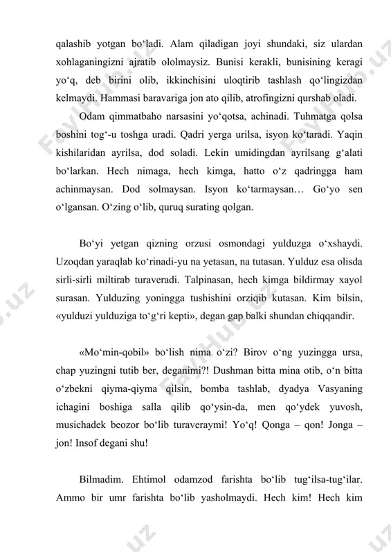 naj nutqini individuallashtirishda dialog, monologning o’rni badiiy matnlarda, xususan, “ikki eshik orasi” romani tilida personajlar nutqining o’ziga xosligini ta’minlovchi, ularning nutqining rivojlanib boruvchi ta’sirchanlik kuchini oshiruvchi vositalar sirasida monolog, dialoglarning ham o’ziga xos o’rni bor. nutqiy muloqot jarayonida monologlar so’zlovchining ichki kechinmalari, maqsadini, atrofdagi kishilarga ochiq-oshkora ayta olmaydigan yashirin istaklarini ifodalab, asar muallifining monologdan foydalanishda ko’zlagan asosiy maqsadi yuzaga chiqishi uchun zamin yaratadi. romanda monologlardan foydalanishda o’tkir hoshimovning asosiy maqsadi personajning xarakter-xususiyati, atrofdagilarga, voqyea-hodisalarga munosabati, ularni baholashi haqida o’quvchiga axborot berishdan iborat. buning uchun yozuvchi fikr ifodalashning badiiy adabiyotda keng tarqalgan turi –ichki monologdan foydalanishga harakat qiladi. dialogik muloqotda esa bir kishi nutqiy faoliyati emas, balki ikki kishining o’zaro muloqoti asosida kitobxonga voqealar tasvirini yetkazish va shu orqali ularda matn mazmuniga nisbatan ma’lum bir munosabatni uyg’otishga erishish asosiy maqsad hisoblanadi. tilshunos sh.safarov: “...nutqiy muloqot maqsadi ikki sathlidir, ya’ni nutqiy harakatda axborot almashish va kommunikativ pragmatik maqsad voqelanadi. birinchisida so’zlovchining maqsadi …
