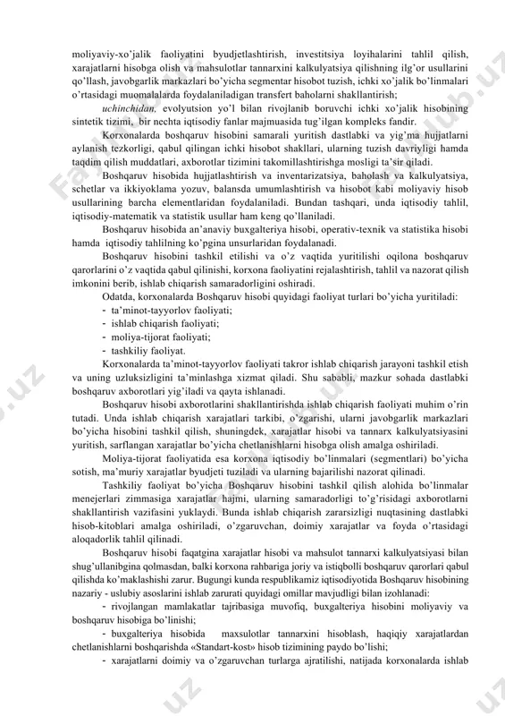 ibiga kirmaydigan shaxslarga. mazkur nuqtai nazarga tayangan holda boshqaruv hisobini ichki hisob deb atash mumkin, moliyaviy hisobni esa – tashqi. ammo hisobni yana bir turi mavjud, bu ishlab chiqarish hisobi, u ham faqat ichki foydalanuvchilarga ma’lumot etkazib beradi, asosiy farqi shundan iboratki, ishlab chiqarish hisobi ma’lumotlaridan boshqaruv qarorlarini qabul qilishda foydalanilmaydi, ular ko’proq nazorat qilish maqsadida olib boriladi. boshqaruv hisobining esa istiqboldagi hodisa va jarayonlar bilan bog’liq ma’lumotlar bilan ham ishlaydi.[footnoteref:1] [1: management accounting for business decisions,2ndedition, by colin drury, 2012 р.10] iqtisodiyoti rivojlangan mamlakatlarda firma va kompaniyalar buxgalteriya hisobi sohasidagi ish vaqtlarining deyarli 90 foizini boshqaruv hisobini tashkil etish va yuritishga sarflaydilar. bu esa o’z navbatida boshqaruv hisobi bilan yuqori malakali mutaxassislar shug’ullanishini talab etadi. boshqaruv hisobi quyidagilarda o’z ifodasini topadi: birinchidan, bozor munosabatlari zaruriyati bilan paydo bo’lgan, korxona va uning turli bo’g’inlaridagi tarkibiy tuzilmalarining faoliyatlari yuzasidan taktik va strategik boshqaruv qarorlarini qabul qilish uchun xarajatlar va daromadlar to’g’risidagi …