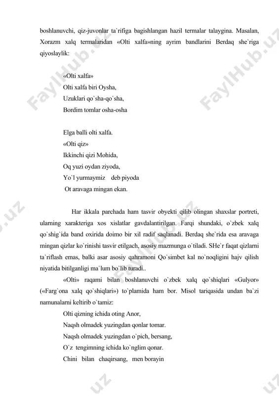 h avlodlar haqida, xalq tarixiy taqdiridagi eng muhim davrlar, voqea-hodisalar to`g`risidatarixiy-adabiy yoki memuar xarakterdagi «solnoma» lar yaratilganligi ma`lum emas. shu sababli, berdaq o`z «shajara» dostonini yaratar ekan, ko`hna sharq adabiyotidagi mavjud an`analardan, xususan xorazmning abulg`ozi, munis kabi mashhur «shajara»chilari va san`atkorlaridan o`rgangan, ular ijodidan bahra olgan deb o`ylashga asos bor, deb o`ylaymiz. buning boisi shundaki, xorazmlik mualliflar yarattan «shajara» lar bilan berdaq «shajara»si orasida faqat asar nomidagina emas, shakl va mazmun jihatdan ham hamohanglik, o`xshashlik bor: ularning barchasida xorazm vohasi xalqlarining kelib chiqishi va mamlakatni idora ettan hukmdorlar tarjimai holiga tegishli hodisalar, xonlik hayotidagi muhim voqealar tasvir etiladi. farqi shundaki, xorazmlik mualliflar yaratgan aksariyat «shajara»lar nasrda bitilgan bo`lsa, berdaq «shajara»si nazmda ifoda etilgan. shunisi xarakterliki, berdaq «shajara»sida faqat qoraqalpoq xalqining ko`p asrlik tarixidagi muhim voqealar ta`rif etilibgina qolmasdan, o`zbek xalqi bilan kechgan mushtarak hayot, shuningdek o`zbek xalqi tarixi ham babbaravar tilga olinadi. berdaq «shajara» dostonining bu xususiyati asarning ham o`zbek, …