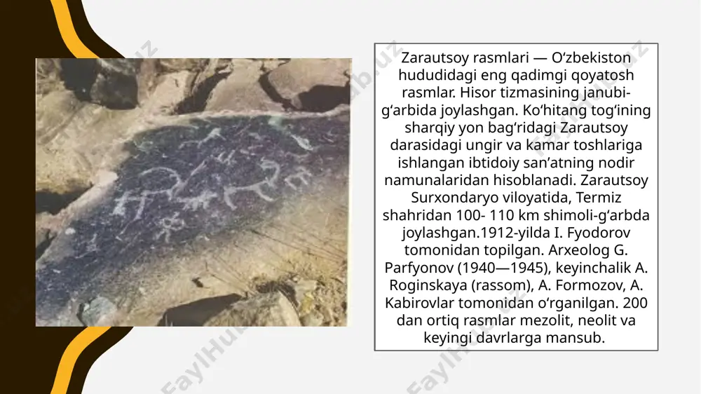 akdan ishlangan igna va pardozlagichlar topilgan. joytun madaniyatiga oid yana bir pessejiktepa manzilgohidan murakkab reja asosida qurilgan katta uy qoldiqlari qazib o’rganilgan. tadqiqot davomida bu uyning devorlarida oqsuvoq ustiga qora va qizil bo’yoqlarda geometrik bezaklar, daraxtlar, qoplon va boshqa hayvonlar tasvirlangani aniqlangan. imorat ichidan ko’plab loydan yasalgan antropomorf va zoomorf, kam miqdorda ayol haykalchalari, shuningdek, echki tasviridagi haykalchalar, hind okeanida uchraydigan chig’anoqdan yasalgan munchoqlar ham topilgan. arxeologlarning fikriga ko’ra, bu imorat ibodatxona vazifasini bajargan. joytun madaniyatining so’nggi bosqichiga oid chagiltepa (mil.avv. v mingyillik) manzilgohining markaziy qismidan nisbatan kattaroq uy qoldiqlari topib o’rganilgan bo’lib, bu jamoa marosimlarini o’tkazish uchun qurilgan imorat bo’lishi mumkin. ushbu imorat atrofidan 12 ta xonadon qoldiqlari, toshdan yasalgan qurollar, o’roq, randa va yorg’uchoqlar, naqshli sopol buyumlar topib o’rganilgan. sopol buyumlar qo’lda dag’al, silliq tagli qilib ishlangan bo’lib, yuqori qismi pardozlangan. idishlarning ayrimlari naqshsiz, ayrimlari naqshli bo’lib, naqshinkor idishlarda jigar va kashtan tusli ranglar ustunlik qiladi. ushbu manzilgohdan …