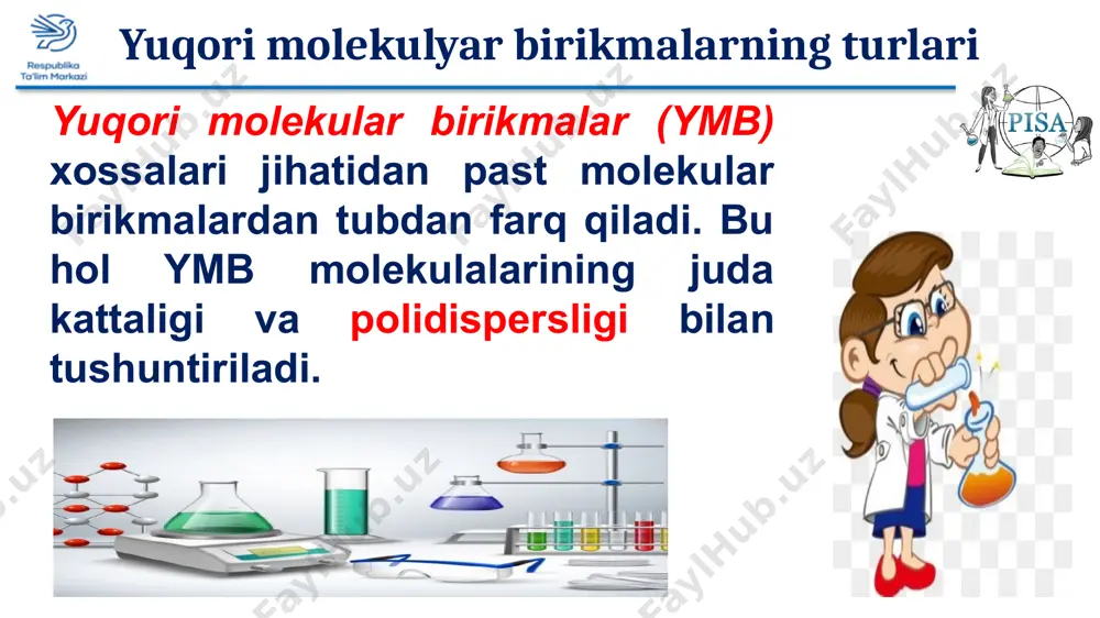 ar (ymb) xossalari jihatidan past molekular birikmalardan tubdan farq qiladi. ha/ yo’q yuqori molekular birikmalar kelib chiqishi bo‘yicha 3 ga bo‘linadi ha/ yo’q sun’iy ymb tabiiy yuqori molekular birikmalarni kimyoviy qayta ishlash natijasida hosil qilinadi. ha/ yo’q sun’iy ymblar sintetik-plastik massalar, kauchuklar va sintetik tolalar kiradi. ha/ yo’q * “ha – yo’q” o’yini yuqori molekular birikmalar (ymb) xossalari jihatidan past molekular birikmalardan tubdan farq qiladi. ha yuqori molekular birikmalar kelib chiqishi bo‘yicha 3 ga bo‘linadi ha sun’iy ymb tabiiy yuqori molekular birikmalarni kimyoviy qayta ishlash natijasida hosil qilinadi. ha sun’iy ymblar sintetik-plastik massalar, kauchuklar va sintetik tolalar kiradi. yo’q uyga vazifa 151-bet, 2-topshiriq e’tiboringiz uchun rahmat
