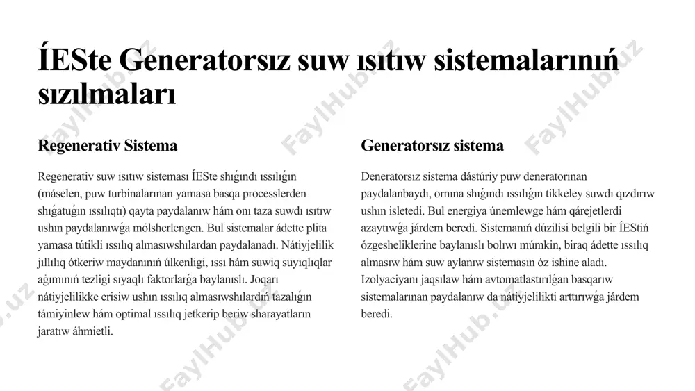 rip beriw betiniń úlkenligi, ıssı hám suwiq suyıqlıqlar aģımınıń tezligi hám basqa faktorlarǵa baylanıslı. suw ısıtıw sistemaları generatorsız suw ısıtıw sistemaları hár túrli túrde boliwi múmkin. máselen, quyash energiyasınan paydalanatuģın sistemalar, ıssılıq nasosları arqalı isleytuģın sistemalar, yamasa sanaat shiģındıları jıllılıǵın qayta islew sistemaları. hár bir sistemanıń ózine tán abzallıqları hám kemshilikleri bar bolıp, tańlaw belgili bir sharayatlar hám talaplarǵa baylanıslı. máselen, quyash energiyasınan paydalanıw ekologiyalıq taza, biraq hawa-rayı sharayatlarına baylanıslı bolıwı múmkin. 75% nátiyjelilikti arttırıw generatorsız suw ısıtıw sistemalarınıń nátiyjeliligin arttırıw ushın bir neshe usıllar bar. bunıń ushın ıssılıq almasıwshılardıń tazalıǵın támiyinlew, optimal ıssılıq jetkerip beriw sharayatların jaratıw, izolyaciyanı jaqsılaw hám avtomatlastırılǵan basqarıw sistemalarınan paydalanıw ayrıqsha áhmietke ie. bunnan tısqarı, sistemanıń dizayni hám ornatılıw ornı da nátiyjelilikke tásir etiwi múmkin. durıs tańlanǵan hám ornatılǵan sistema energiya únemlewge hám qárejetlerdi azaytıwǵa járdem beredi. 5 suw qızdırıw texnologiyası tiykarları 1 jıllılıq almasıwı sanaat processlerinen shiģatuģın ıssı gazler yaki suyıqlıqlardıń ıssılıģi arnawlı ıssılıq …