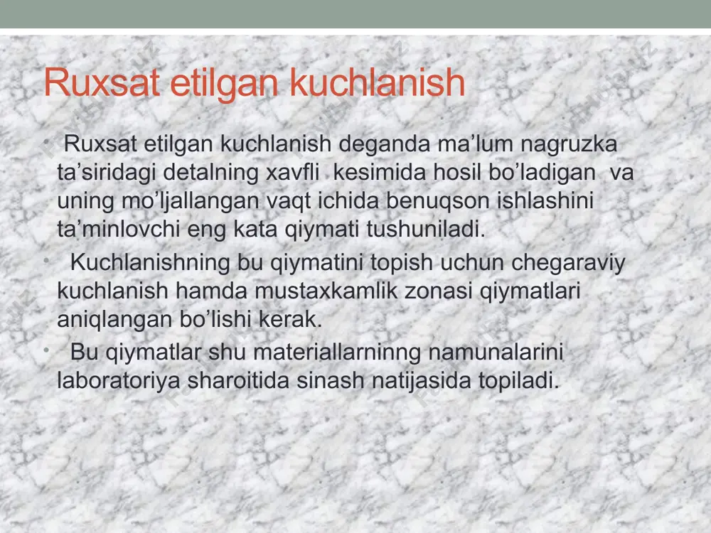 undan, chetki qatordagi parchin mixlar diametri qolgan qatordagi parchin mixlar diametridan katta bo’lishi va chokning har bir qatoriga o’ziga mos diametrli parchin mix ishlatilish lozim, degan xelosaga kelish mumkin. kelgusi darsimizda ajralmas birikmalarning keyingi turi payvand birikmalarni ko’rib o’tamiz va ajralmas birikmalar bo’limini yakunlab, xulosamizni umumlashtiramiz. xulosa qilib shuni aytish mumkin, gap mustaxkamlik to’g’risida borar ekan, shuni ham ta’kidlab o’tish kerakki, detal’ sinish natijasida ishdan chiqishdan tashqari, ish sirtining buzilish oqibatida ham ishga yaramay qolishi mumkin. bu xol detal’ sirtida xosil bo’ladigan kontakt kuchlanishga bog’liq. image3.gif image4.png image5.png image6.gif image7.png image8.png image9.jpeg image2.jpeg