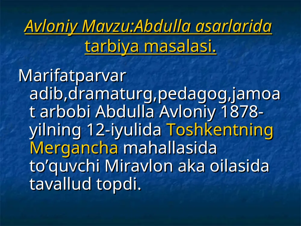ri katta ahamiyatga molik axloqiy va ta’limiy tarbiyaviy asardir. asarda insonlarni yaxshilikka chaqiruvchi,yomonliklardan qaytaruvchi ilm-axloq haqida fikr yuritiladi. shuningdek,u bola tarbiyasi haqida fikr yuritib:agar bu kishi yoshligida nafsi buzulib tarbiyasiz axloqsiz bo’lb o’sdimi, bunday kishilardan yaxshilik kutmoq, yerdan turib yulduzlarga qo’l uzatmak kabidir deydi. adib milliy ta’lim-tarbiya tizimini yaratishga beqiyos hissa qo’shganligi uchun 2020-yil 30-sentabr sanasida “buyuk xizmatlari uchun” ordeni bilan tadirlanadi. adibning “birinchi muallim”asari ham o’ziga xos o’ringa ega.avloniy uni yozishda saidrasul aziziyning “ustozi avval” asariga suyanadi.avloniyning “ikkinchi muallim asari ,”birinchi muallim”asarining uzviy davomi hisoblanadi.1-kitobni shartli ravishda alifbe deb,2-kitobni xrestomatiya deb atashimiz mumkin. abdulla avloniy 1934-yil 25-avgustda toshkentda vafot etadi.adibni toshkenydagi “botkin”qabristoniga dafn etiladi. e’tiboringiz uchun rahmat.