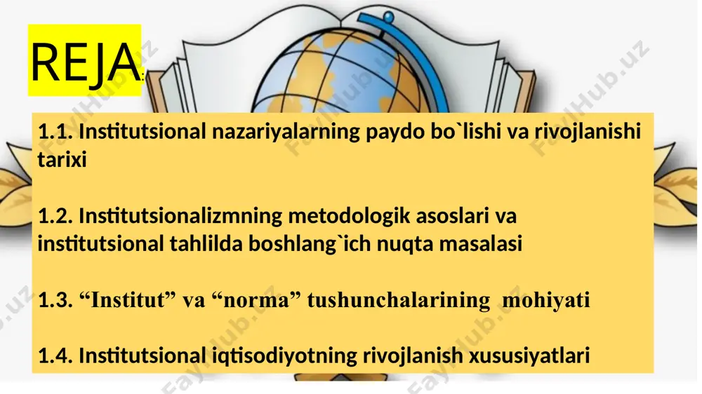 ma vaqt muvozanat mavjud, u yagona bozorda individlar tomonidan oqilona tanlov amalga oshiriladi individlarga tashqi omillar ta’sir ko‘rsatmaydi, ularning biror holatni afzal bilishi barqaror va ekzogen xususiyatga ega xarajatlarning yagona turi – ishlabchiqarish xarajatlari hisobga olinadi. ayni chog‘da ayirboshlash xarajatlari e’tiborga olinmaydi “yangi” tamoyillar bozorda ayirboshlashni amalga oshirish uchun resurslarning xususiy mulkni tashkil etishi asosiy zamin hisoblanadi; individlarda bitim to‘g‘risidagi barcha axborot mavjud; ayirboshlash chegaralari kamayib boruvchi foydalilik tamoyili asosida hamda resurslarning dastlabki taqsimlanishidan kelib chiqib, belgilanadi. “eski” institutsional maktab: t.veblen, j.r.kommons, u.mitchellar, y.shumpeter, j.k.gelbreyt, f.nayt, k.polani, k.ayres, g.myurdal. “yangi” institutsional maktab: r.kouz, d.nort, o.uilyamson, r.pozner, m.olson, f.xayek. individlar va institutlarning o`zaro bog`liqligini tahlil etishda boshlang`ich nuqtaga nisbatan ikkita tamoyil mavjud. birinchi tamoyilda institutlar individlarning manfaatlari hamda xatti-harakatlari orqali tushuntiriladi va metodologik individualizm deb nomlanadi. 1.2. institutsionalizmning metodologik asoslari va institutsional tahlilda boshlang`ich nuqta masalasi metodologik individualizm tamoyilining davomi spontan evolyutsiya konsepsiyasidir. ushbu konsepsiyaga ko`ra, institutlar insonlarning harakatlari natijasida paydo …