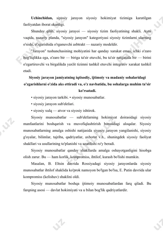 kimlik sub'ekti yoki ob'ekti, xukmron yoki tobe, boshqaruvchi yoki boshqariluvchi bo'ladimi v.h. siyosiy munosabatlarning tarixiy shakllari: xukmronlik, etakchilik, boshqaruv, nazorat. siyosiy munosabatlar asosida siyosiy manfaatlar yotadi. iiiy bilan birga munosabatlar manfaat shaklida namoyon bo'ladi. shu xususiyati siyosiy munosabatlarning siyosiy faollik yoki siyosiy begonalashuv asosi sifatida chiqishini belgilaydi. negaki, aynan siyosiy munosabatlar odamlarning jamiyat boshqaruvi ishlarida ishtiroki va bu ishtirok samarasini belgilaydi. siyosiy munosabatlar turli darajadagi subektlar o'rtasida shakllanadi. a) sub'ekt turlariga ko'ra: • sinflararo; • sinf ichidagi; • davlatlararo; • partiyaviy v.h. b) tabiati va mazmuniga ko'ra: • demokratik; • avtoritar; • konfrontatsion (ziddiyatli); • konsensusli (kelishuvga asoslangan); v) amalga oshirish uslublariga ko'ra: • kuchga, zo'rlikka suyangan; • zo'rlikka suyanmagan; r) munosabat asosidagi qadriyatlarga ko'ra: • liberal; • sotsialistik: • natsionalistik v.h. bo'lishi mumkin manfaatlar: vaqt nuqtai nazaridan — istiqbolga qaratilgan; eng yaqin; doimiy; kundalik ahamiyati jihatidan: strategik; taktik; sub'ektiga ko'ra: umuminsoniy; gypuh manfaati v.h. larga bo'linadi. siyosiy jarayon sub'ektlari …