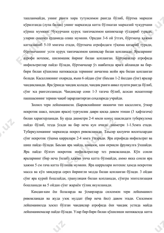 aydo bo'ladi. ba'zan yara mayda, yumaloq, kam og'riqli frunkulga o'xshaydi. yara paydo bo'lgach nekrotik infiltratlar tez rivojlanadi. ko'p sonli yaralarning (bir necha o'nlab) hajmi uncha katta bo'lmaydi, ammo yakka sonli yara hajmi 5 sm gacha katta bo'lishi mumkin. yara qirralari notekis hamda nekrotik massa va ko'p miqdorda seroz yiringli modda bilan qoplangan bo'ladi. 3 oydan so'ng yara quriy boshlaydi, granulyatsiya bilan qoplanadi, so'ngra epitelizatsiya boshlanadi va 5 oydan so'ng jarayon to'liq yakunlanadi. kamdan-kam yosh bolalarda va o'smirlarda silsimon teri leyshmanioz rivojlanadi va juda uzoq muddat (bir necha yil) davom etadi. silsimon leyshmaniozda hosil bo'lgan chandiqlar atrofida yoki chandiq ustida mayda leyshmaniomalar paydo bo'ladi. ular bir-biri bilan qo'shilishi natijasida katta yaralar paydo bo'ladi. diffuz infiltirlovchi leyshmanioz qartayib qolgan odamlarda uchraydi. bunda terining talaygina sathida infiltrat rivojlanadi, uning hisobiga teri qalin tortadi. ko'pincha infiltrat asta-sekin so'rilib, iz qoldirmay tuzalib ketadi. tashxisoti. kasallik tashxisi klinik manzara, epidemiologik dalillar (mahalliy endemik joyda bo'lish va …
