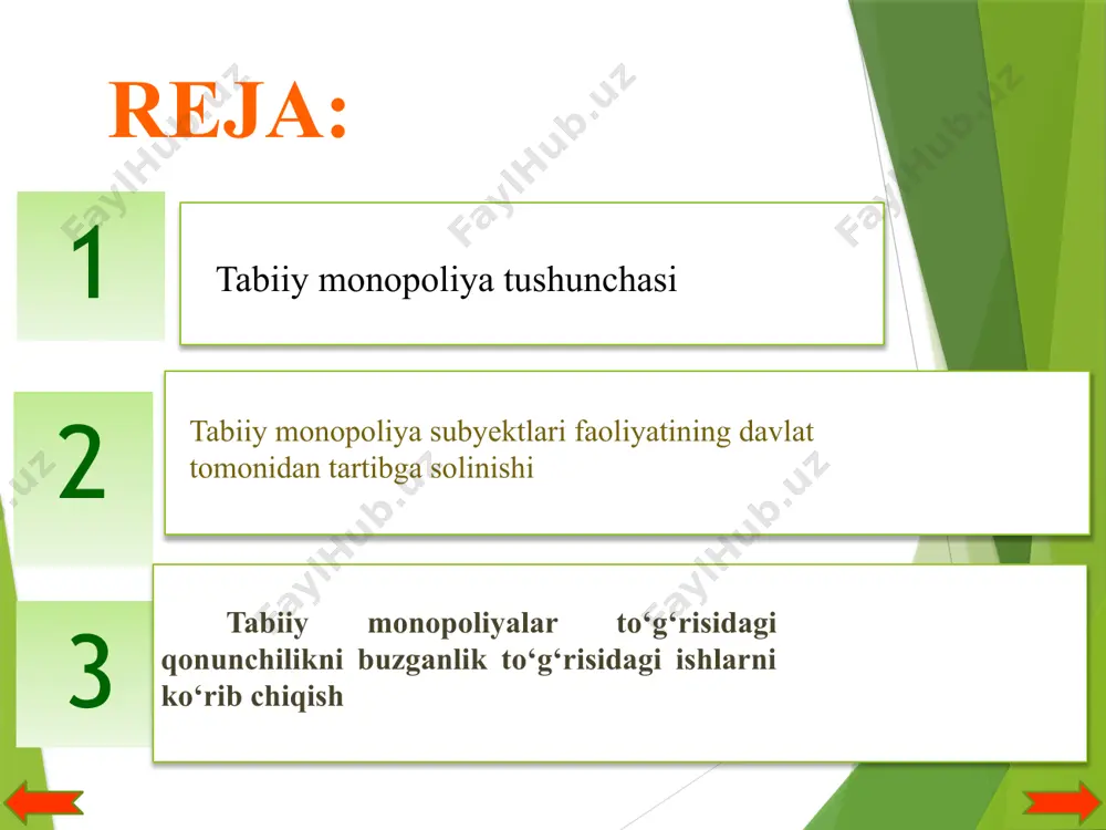 spublikasi vazirlar mahkamasi; o‘zbekiston respublikasi vazirlar mahkamasi vakolat bergan organ (vakolatli organ). tabiiy monopoliya sharoitida ishlab chiqariladigan (realizatsiya qilinadigan) tovarlar (ishlar, xizmatlar) ro‘yxati vakolatli organ tomonidan belgilanadi. tabiiy monopoliya subyektlari faoliyatini tartibga solish quyidagi usullarda amalga oshiriladi: narxlarni (tariflarni) yoki ularning eng yuqori (eng past) darajasini belgilash (o‘rnatish) vositasida narxlarni tartibga solish; xizmat ko‘rsatilishi shart bo‘lgan iste’molchilarni aniqlash va (yoki) ularni tabiiy monopoliya subyektlari realizatsiya qiladigan tovar bilan to‘liq hajmda qondirishning imkoni bo‘lmagan taqdirda, ta’minlashning eng kam darajasini belgilash. tabiiy monopoliya subyektlari faoliyatini tartibga solish uchun qonunchilikka muvofiq boshqa usullar ham qo‘llanilishi mumkin. tabiiy monopoliya subyektlari faoliyatini tartibga soluvchi tegishli davlat organi tomonidan muayyan tabiiy monopoliya subyektiga nisbatan ushbu qonunda va boshqa qonunchilik hujjatlaridan shart tutilgan tartibga solish usullarini qo‘llash to‘g‘risidagi qaror ishlab chiqarilayotgan (realizatsiya qilinayotgan) tovarlar sifatini oshirish va ularga bo‘lgan talabni qondirishdagi rag‘batlantiruvchi roli hisobga olingan holda uning faoliyatini tahlil qilish asosida qabul qilinadi. bunda sarf-xarajatlarning qanchalik asosli …