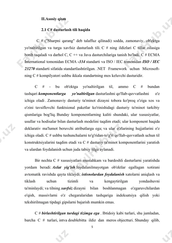 joy data, va bir quruvchi. misolning manba kodi faylda saqlangan deb faraz qilsak, acme.csbuyruq satri konsolnusxalash csc /t:library acme.cs misolni kutubxona sifatida to'playdi ( mainkirish nuqtasi bo'lmagan kod ) va nomlangan assambleyani ishlab chiqaradi acme.dll. assambleyalar oraliq til (il) ko'rsatmalar shaklida bajariladigan kodni va metama'lumotlar shaklida ramziy ma'lumotlarni o'z ichiga oladi . amalga oshirilishidan oldin assambleyadagi il kod avtomatik ravishda .net common language runtime dasturining just-in-time (jit) kompilyatori tomonidan protsessorga xos kodga aylantiriladi. c # dasturning dastlabki matnini bir nechta manba fayllarida saqlashga ruxsat beradi. ko'p faylli c # dasturi kompilyatsiya qilinganida, barcha manba fayllari birgalikda qayta ishlanadi va manba fayllari bir-biriga erkin murojaat qilishlari mumkin - kontseptual ravishda, barcha manba fayllari ishlov berishdan oldin bitta katta faylga birlashtirilganga o'xshaydi. oldindan deklaratsiyalar hech qachon c # -ga kerak emas, chunki juda kam istisnolardan tashqari, deklaratsiya buyurtmasi ahamiyatsiz. c # manba faylini faqat bitta umumiy turni e'lon qilish bilan cheklamaydi va …