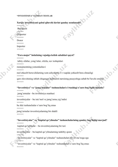 investitsiya fanidan testlar — DOCX