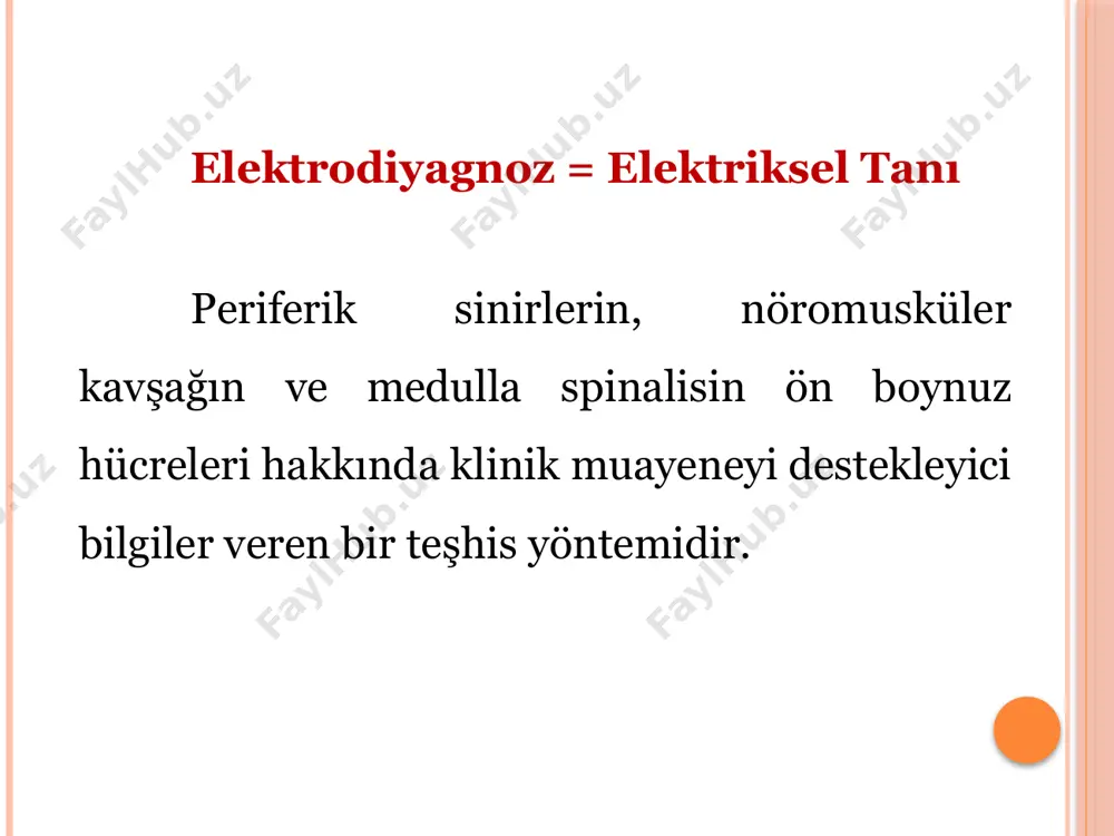 elektrot intramüsküler uygulanır veya iki yüzeyel elektrot kas üzerinde cilde yerleştirilip toprak elektrot mümkün olduğunca uzağa, elektriksel olarak nötral bir bölgeye konulur. galvani̇k test pasif elektrot aletin pozitif ucuna bağlanır. aktif elektrot aletin negatif ucuna bağlanır. aktif elektrot motor noktaya konur akım şiddeti, 0’dan başlayarak yavaş yavaş artırılır. gözle görülen ilk kontraksiyonun elde edildiği akım şiddeti kaydedilir. önce sağlam sonra hasta tarafa uygulanır 14 faradi̇k test - i kutup önemli değil fakat yine de aktif elektrod (-) kutuba bağlanır. pasif elektrod vücudun herhangi bir yerine, aktif elektrod test edilecek adele veya sinirin motor noktasına konur. gözle görülebilen ilk kontraksiyon elde edildiği zaman akım kesilir ve şiddeti okunur. faradi̇k test - ii sonuçlar sağlam tarafla karşılaştırılır. *dejenere adele galvaniğe cevap verdiği halde faradiğe vermez. *normalde sinir adeleye göre stimülasyona daha çabuk cevap verir. dejenerasyon reaksi̇yonlari kısmi dejenerasyon reaksiyonu tam dejenerasyon reaksiyonu absolüt (kesin) dejenerasyon reaksiyonu kismi̇ dejenerasyon reaksi̇yonu a)sinirin faradik ve …