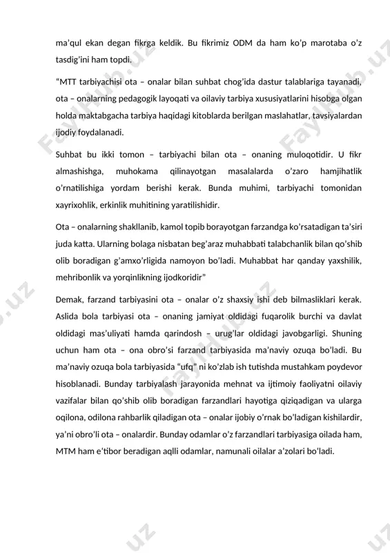 ayapsizmi? xa yoki yoq. (tagiga chizing). 6. sizningcha oila tarbiyasini nima qiyinlashtiryapti? (tagiga chizing) tarbiyaga oid bilimlarning yetishmasligi, davlat ishi bilan band bolishlik, bogcha bilan oila ortasida hamkorlikning yoligi. 7. oilangizda bola tarbiyasi bilan kim koproq shugullanadi, bobosi, buvisi, onasi, otasi, akasi, opasi va boshqalar. (tagiga chizing) 8. siz koproq nima tufayli bolangizga tanbeh berasiz, jazolaysiz, kelisha olmaysiz? 9. farzandingiz koproq nimaga qiziqadi? 10. farzandingizning kelajakda kim bolishini xoxlaysiz? 11. farzandingizning qiziqishshini, mustaqil harakat qilishini, fikr yuritishni ragbatlantirasizmi? (tagiga chizing) ha yoki yo’q.12. bolangiz nima sababdan u yoki bu nourin xatolarga yo’l qo’yishi hollariga etibor berasizmi? ha yoki yoq. sababini surishtirmay jazolaysizmi?/tagiga chizing/. 13. oilangizda ozaro munosabatni qanday baholaysiz? juda ham yaxshi, unchalik xam yaxshi, unchalik yaxshi emas, yomon, juda ham yomon./tagiga chizing/. 14. farzandingiz togrisida boshqalardan malumot olishga qiziqasizmi? ha yoki yoq. kimlardan olasiz?qoshnilardan,qarindosh-uruglardan, tarbiyachidan, /tagiga chizing/. 15. tarbiyaga oid adabiyotlarni, ro’znoma va oynomalarni muntazam o’qib borasizmi?/tagiga chizing/. tarbiya …