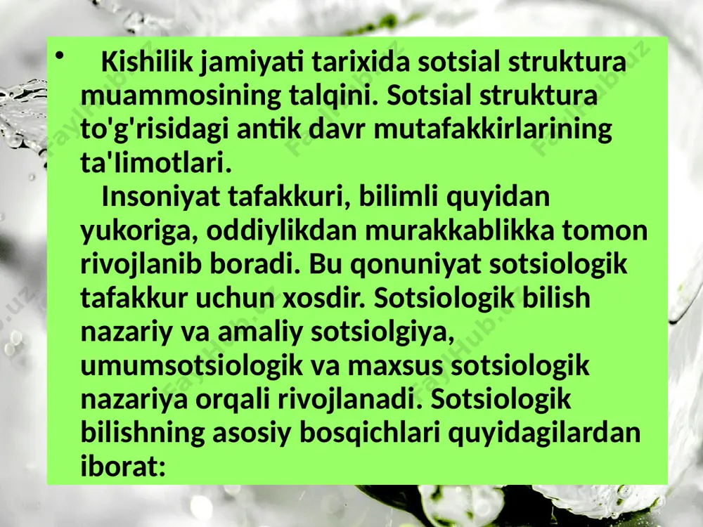 hlar. 3. nolegal immigrantlar. 4. qochoqlar. 5. studentlar, stajer-tadqiqotchilar, ilmiy xodimlar va uqituvchilar. 6. turli maqsadda ko'chib yuruvchilar-turistlar, dam oluvchilar, anjumanlarga qatnashuvchilar va h.k. migrasiya ko'rsatkichlari: 1. migrasiyaning absolyut va nisbiy son ma'lumotlari. 2. migrasion harakatning intensivligi yoki koeffisiyenti (ma'lum hududda yashovchi aholida har 100 kishiga to'g'ri keluvchi migrantlar soni). 3. migrasiya saldosi (bir yil davomida ko'chib kelgan aholi bilan, ko'chib ketgan aholining ayirmasiga) teng. migrasiya saldosi manfiy yoki musbat bo'ladi va u absolyut (masalan yiliga 3000 kishi) xamda nisbiy ko'rsatkichlarda (100 va 1000 kishi hisobiga) ifodalanadi. ijtimoiy o'zgaruvchanlikning turlari: 1. reproduktiv. ishlab chiqarish, tuzilishi, ekologik o'zgarishlar. 2. statusli - xizmat pog'onasiga ko'tarilish, hayot darajasi va boshqalar. 3. hududiy - qishlokdan shaharga ko'chish, ishlab chiqarishni ko'chirish, bir davlatdan ikkinchisiga qo'shish va h.k. 4. ma'naviy - manfaatlar, qadriyatlar, fikr, tushunchalar, his-tuyg'ular. 5. siyosiy (sinfiy tuzilma), hukmronlik shakli. 6. ilmiy-texnikaviy va hokazo. e’tiboringiz uchun rahmat! image1.jpeg image2.jpeg image3.jpeg image4.jpeg image5.jpeg