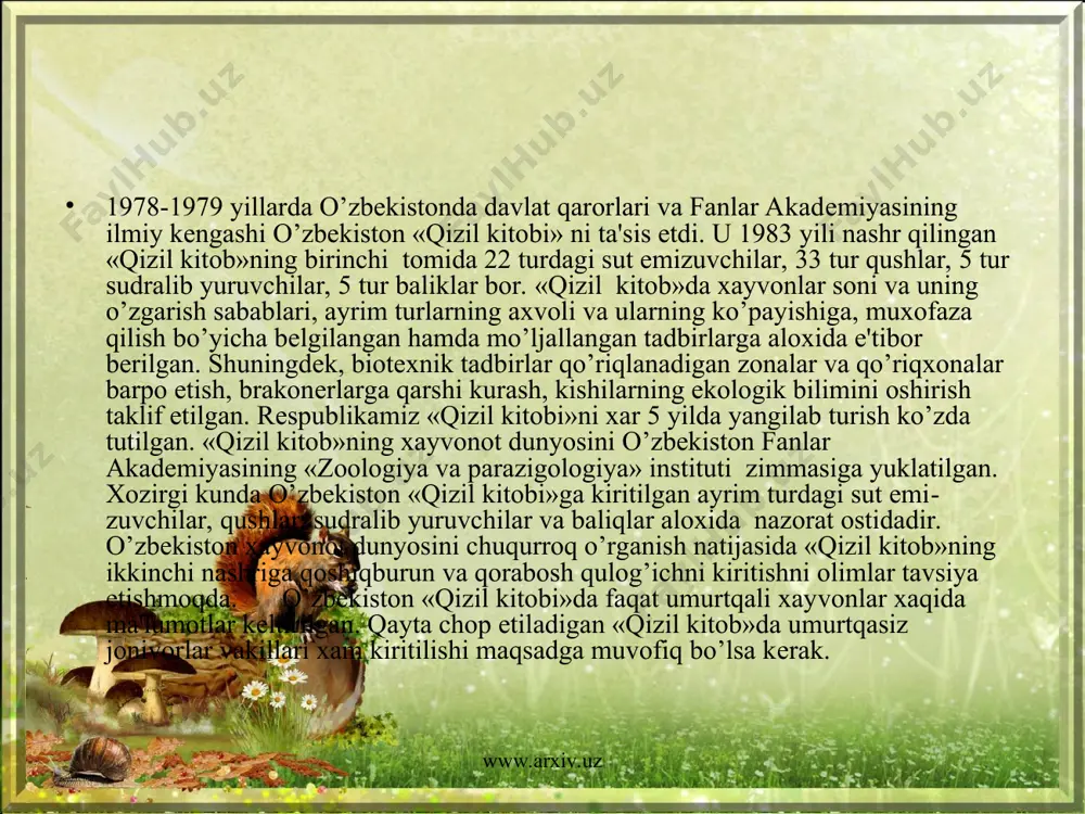 5-rasm. ayiqsimonlar: 1 - qo’ng’ir ayiq; 2 - oq ayiq. www.arxiv.uz www.arxiv.uz 6-rasm. tuvaloqlar va tuyaqushsimonlar turkumi: 1 - kuyka; 2 - yo’rg’a tuvaloq; 3 - tuyaqush. www.arxiv.uz www.arxiv.uz 7-rasm. yirtqich qushlar: 1 – kalxat; 2 – miqqiy; 3 – burgut; 4 – qirg’iy; 5 – tasqara; 6 – ukki. www.arxiv.uz www.arxiv.uz o’zbеkistondagi maxsus muhofazaga olingan hududlar o’zbеkiston hududida 17 maxsus muxofazaga olingan tabiiy xududlar faollik ko’rsatib, kеlmoqda. ular 9 qo’riqxona, noyob xayvon turlarini ko’paytirish bilan shug’ullanuvchi ekomarkaz, 2 milliy yoki xalq bog’lari, tabiat yodgorliklari va 6 buyurtma­xonalardir. rеspublika bo’yicha maxsus muhofazaga olingan xududlarning umumiy maydoni 2 mln. ga. tabiatning noyob, ya'ni tabiiy komplеkslari, barcha boyliklari bilan birga, shuningdеk, xilma-xil o’simlik va hayvonot dunyosi birga mu­xofazaga olingan. jumladan, bеtakror archazor o’rmonlari, to’qayzorlar hamda xalqaro «qizil kitob»ga kiritilgan ko’pchi­lik o’simlik (700 tur) va 350 dan ortiq xayvon turlari muxo­fazaga olingan. www.arxiv.uz www.arxiv.uz jayron ekomarkazi rеspublikadagi xayvonot dunyosini muxofaza qilish borasida katta …
