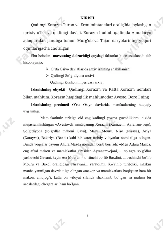 sharkda, herirud va hilmand daryolarining yuqori havzasida joylashgan. shubhasiz, xorazmiylar massagetlardan farkdi o`laroq, parfyanlar, marg’iyonaliklar, boxtariylar, areyaliklar, girkaniyaliklardek sug’orma dehqonchilik va uning asosi hisoblangan sug’orish inshootlar barpo etishda boy asriy tajribaga ega edilar. ularning ko`p asrlik binokorlik va xunarmandchilikdagi tajribalari va amaliy ko`nikmalari tufayli asrlar osha amudaryo etaklari obod etilib, yirik sug’orish tarmoqlari va suv inshootlari- dambalar barpo etilgan, hunarmandchilikning barcha sohalari keng rivoj topgan. miloddan avvalgi iv-asrning 2-yarmida xorazmda mustaqil davlat qaror topadi. abu rayhon beruniyning yozishicha, xorazm davlatiga afsonaviy qahramon siyovush (siyovaxsh) asos solgan. miloddan avvalgi 328-yilning bahorida o`rta osiyoga yurish qilgan makedoniyalik aleksandr (iskandar) qarorgohiga muzokara qilish uchun xorazm hukmdori farasman 1500 suvoriy bilan tashrif buyurgan. fanda massagetlar konfederatsiyasi (turkumi) nomi bilan tilga olingan xorazm davlatini afsonaviy siyovushiylar, aslida esa afrig’iylar sulolasi boshqargan. davlat poytaxti dastlab tuproqqalha bo`lgan. keyinchalik (305 yil) esa kat shahriga ko`chirilgan. beruniy xorazmshoxlardan 22 tasining nomini qayd qiladi. aversi (beti)da tojdor xukmdor, reversi …