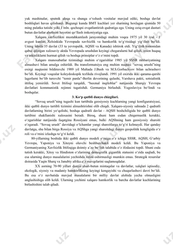 k kengashlarida asosiy diqqat iqtisodiy rivojlangan, tashqi siyosiy munosabatlarning tekislanish, inflyatsiya va ishsizlik va hokazo masalalarni yechishga qaratiladi. harbiy-siyosiy va tashqi siyosiy savollar ham muhim o‘rin tutadi. eng ilg‘or integratsion jarayonlar yevropada bo‘ldi.yevropa iqtisodiy jamiyatida qatnashuvchi davlatlarning siyosiy mustaqilligi saqlanar, keyinchalik bojxona to‘lovlari kamaytirildi, yagona agrar siyosat o‘tkazildi. bu masalalar to‘laligicha 1968 yil qilindi. 60-yillar oxiridan g‘arbiy yevropa integratsion jarayonining 2-etapi boshlandi. fransuz prezidenti j.pompidu tashabbusi bilan 1969 yil gaaga kelishuvida “oltilik” rahbarlari “integratsiyani chuqurlashuvi va kengaytirishni tugatish” dasturini ishlab chiqdi. ushbu kelishuvga binoan yevropa iqtisodiy jamiyati 1972 yilda kengaytirildi. ushbu jamiyat tarkibiga ispaniya, portugaliya, gretsiya, irlandiya, daniya, buyuk britaniya kirdi. ularga 1995 yil 1 yanvaridan avstriya, shvetsiya va finlandiya qo‘shildi. siyosiy integratsiya ichida 70-yillar oxirida muhim o‘zgarishlar bo‘ldi. yevropa iqtisodiy jamiyatida kengashning roli sezilarli darajada oshdi. 1978 yildan boshlab yevroparlamentga to‘g‘ridan-to‘g‘ri saylovlar o‘tkazildi. ushbu tadbirlar 80-yillarning 1-yarmida yevropa ittifoqini tashkil etish uchun yangi etap vazifasini o‘tadi. ushbu ishning qiyinchiliklari …