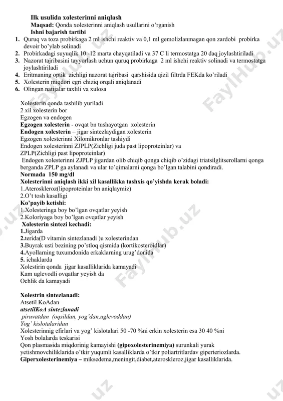 koza miqdorini aniqlashning uquvlarini egallash. 1. qo’lni sovun bilan yuvib sochiq bilan quritamiz 2. test tayoqcha electron o’lchagichni ichiga yo’riqnomada ko’rsatilgandek kiritamiz 3. apparatning ruchkasi yordamida barmoqning uchi teshiladi 4. ajralgan qon tomchisini test paloskaning belgilangan qismiga tomiziladi 5. 20 soniyadan so’ng qondagi glukoza miqdori glukometr displeyida ko’rinadi 6. ishlatib bo’lingan test paloskani olib tashlanadi qonda glukozaning miqdori 3,6 – 6,1 mmol/l qonda glukozaning ko’payishi – giperglikemiya qonda glukozaning kamayishi – gipoglikemiya giperglikemiya – qandli dabetda ,stressda,kartizol hisobiga,absorbtiv holatda ( ovqatlangandan biroz vaqt o’tgandan so’ng glukozaning qonga chiqqan vaqtida) ertalab soat 7 da o’lchanadi och qorinda. gipoglikemiya – ochlikda ( to’liq ochlik – biror joyda qolib ketishda, chala ochlik – ovqat kam istemol qilish ovqat hazm qilish azolarida kamchiliklar bo’lganda. glukoneogenez – glukozaning uglered bo’lmagan moddalardan sintezlanishi asosan jigarda kechadi hamda ichak va buyrakda ham jigar qonda glukoza miqdori kamayishni boshlaganda uglevod bo’lmagan-aminokislota glitserin va laktatlarni olib ularni glukozaga aylantirib …