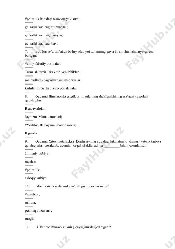 afika; ==== rang tasvir; ==== # miniatyura; ==== natyurmort ++++ 12. yahudiylar maschidi qanday nomlanadi? ==== # sinagoga ==== ibodatxona ==== cherkov ==== butxona ++++ 13. din so’zi qanday ma’noni anglatadi? ==== # ishonch, bo’ysunish ==== ibodat ==== axloq-odob ==== hukm qilish ++++ 14. qaysi qadimiy din tunguschada “o’ta hayajonlangan, jazavali kishi” ma’nosini bildiradi? ==== #shomoniylik ==== yaxudiylik ==== konfutsiylik ==== magiya ++++ 15. politestik dinlarning asosiy xususiyati nima? ==== #ko’pxudolik ==== butparastlik ==== shamanizm ==== yakkaxudolik ++++ 16. dinning qanday ildizlari mavjud? ==== #gnoseologik, ijtimoiy, psixologik ==== tarixiy, sotsial, ruxiy ==== emotsional, garmonal, biologik ==== biologik, psixologik, antropologik ++++ 17. qaysi qatorda urug’-qabila dinlari ko’rsatilgan? ==== #fetishizm, totemizm, animizm, magiya ==== iudaizm, induizm, sintoizm, shomonizm ==== monoteizm, politeizm, mazdeizm ==== jaynizm, braxmanizm, daosizm ++++ 18. fetish so’zi nima ma’noni bildiradi? ==== #tumor but, sanam ==== urug’, qarindosh, ==== sehrgarlik, afsun ==== ruh, jon ++++ 19.moddiy narsalarni iloxiylashtiruvchi qadimiy urug’ …
