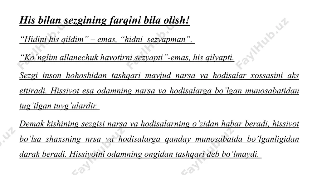 t qilib turiladi. u l.p.pavlovning so’zlari bilan aytganda, "...badanda ro’y beradigan hamma hodisalarni o’z ixtiyorida ushlab turadi". bunda if-signallar sistemasi katta o’rin egallaydi. aynan so’z, fikr, noma’qulhislarni vujudga keltiruvchi biror hodisaga ongli munosabatda bo’lish, kishiga ularniyehgish uchun, umuman his-tuyg’ularni boshqarish uchun kuch baglshlaydi. katta yarim shariar po’stlog’idagi shartli reflekslarning muvaqqat aloqalari sistemasi murakkab his-tuyg’ularning fiziologik asosidir. хis-tuygular хayvоnlarga ham хоs. lеkin insоnning хis-tuygulari o`z mazmuni va kеchishiga kura хayvоnnikidan tubdan fark qiladi. masalan, jirkanish, faхrlanish, хasad qilish, shоdu-хurramlik, zеrikish, хurmat qilish, burchni хis etish kabilar faqat insоnga хоs bo`ladi. qorquv hissini yengish uchun 6 ta psixologik tavsiya. biror narsadan vahimaga tushmagan odam bolmasa kerak dunyoda. kimdir buni his-hayajon bilan ifodalasa, kimlardir buning sababini ruhiy holatdagi ozgarishlarda deb biladi. vaholanki, irodani chiniqtirish haqida kop gapiriladi. shunday bolsa-da, hayotiy muammolarga sabab bolayotgan va ozligimizni anglashga tosqinlik qilayotgan qorquv hissi taqib etishini inkor qilolmaymiz. agar bu his osoyishta hayot kechirishimizga monelik qilayotgan bolsa, …