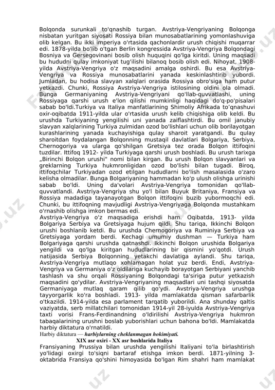 dilar. bu partiyalardan biri pangerman partiyasi, ikkinchisi esa xristian sotsialistlar partiyasi deb ataldi. ko'proq avstriyalik katoliklardan iborat bo'lgan xristian sotsialistlar partiyasi arboblari „buyuk germaniya" g'oyasini sinfiy tinchlikni targ'ib qilish, barcha ijtimoiy nizolarni inoqlik va muhabbat ruhida" hal qilishga da'vat qilish va antisemitizmni targ'ib qilish bilan qo'shib olib bordilar. biroq, hukmron doiralar slavyan xalqining milliy-ozodlik harakatini to'xtata olmadi. chex muxolifati chexiyaga ham siyosiy huquqlar berilishini talab qildi. hukumat bunga javoban ta'qib choralarini kuchaytirib yubordi. 1868-yilda hatto chexiyada qamal holati joriy qilindi. biroq, bu usul chex muxolifatini „sindira" olmadi. kurash davom etdi, nihoyat, 1880-yilda chexiyada sud va ma'muriy ishlar uchun ikki til joriy qilindi. 1882-yildan boshlab, praga universitetida ham o'qitish ikki tilda (nemis va chex) olib boriladigan bo'ldi. galitsiyadagi ukrain aholisi ham milliy zulm ostida edi. avstriya hukumati galitsiyadagi hukmron doiralar bilan bitim tuzib, o'lkani idora qilishda ularga rahbarlik rolini berdi. xix asrning so'nggi o'n yillarida milliy zulm yanada kuchaydi. zakarpatyedagi ukrain …