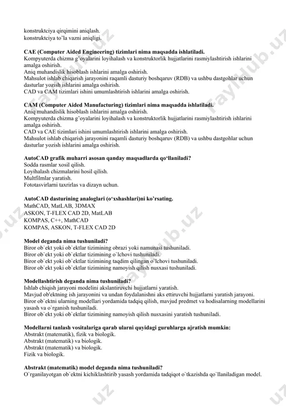 ik tayyorgarlik vositasi, avtomatlashtirishni dasturlash va jihozlarni boshqarish jarayonidir. loyihalashni avtomatlashtirish vositasi bo’lib, u 2 o’lchamli va 3 o’lchamli geometrik loyihalash yoki texnologik hujjatlarni tayyorlash dasturlari majmuasidir. cad va cae tizimlari kesimida qo’llaniladigan texnologik jarayonlarni rejalashtirishni avtomatlashtirish vositasidir. cad (computer aided design) tizimlari nima maqsadda ishlatiladi. kompyuterda chizma g’oyalarini loyihalash va konstruktorlik hujjatlarini rasmiylashtirish ishlarini amalga oshirish. aniq muhandislik hisoblash ishlarini amalga oshirish. mahsulot ishlab chiqarish jarayonini raqamli dasturiy boshqaruv (rdb) va ushbu dastgohlar uchun dasturlar yozish ishlarini amalga oshirish. cae va cam tizimlari ishini umumlashtirish ishlarini amalga oshirish. cad tizimining asosiy funksiyasi bu … geometrik konstruktciyalar aniqligi. konstruktciya turini aniqlash. konstruktciya qirqimini aniqlash. konstruktciya to’la vazni aniqligi. cae (computer aided engineering) tizimlari nima maqsadda ishlatiladi. kompyuterda chizma g’oyalarini loyihalash va konstruktorlik hujjatlarini rasmiylashtirish ishlarini amalga oshirish. aniq muhandislik hisoblash ishlarini amalga oshirish. mahsulot ishlab chiqarish jarayonini raqamli dasturiy boshqaruv (rdb) va ushbu dastgohlar uchun dasturlar yozish ishlarini amalga oshirish. …