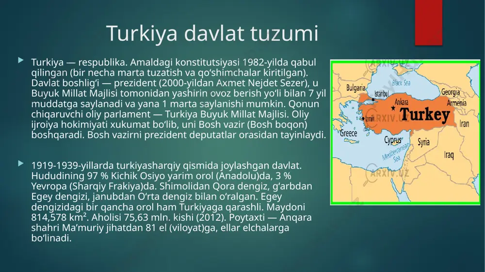 nika va maishiy texnika ishlab chiqaruvchilardan biri bo'lib, ushbu sohalar bilan bog'liq yangi texnologiyalarga tadqiqot va ishlanmalar uchun katta miqdorda mablag 'sarflaydi. turkiya iqtisodiyotining boshqa muhim tarmoqlari bank ishi, qurilish, maishiy texnika, elektronika, to‘qimachilik, neftni qayta ishlash, neft-kimyo mahsulotlari, oziq-ovqat, tog‘-kon sanoati, temir-po‘lat va mashinasozlik sanoatidir. turkiya qishloq xo`jaligi turkiya hududining 16 % ni oʻtloq, 26 % ni oʻrmonlar tashkil etadi, 35 % da, yaʼni jami hududning 1/3 qismida dehqonchilik qilinadi. turkiyada gʻalla, paxta, tamaki, qand lavlagi, zigʻir, kanop va boshqalarlar yetishtiriladi. turkiya yongʻoq (funduk), anjir va oʻrik yetishtirishda dunyoda 1, sabzavot, uzum va tamaki yetishtirishda 4, bugʻdoy va paxta yetishtirishda esa 7oʻrinda turadi. beda, kungaboqar, meva ham yetishtiriladi. soʻnggi yillarda sugʻorma dehqonchilikka eʼtibor kuchaydi. 2000-yil chorvachilikda 11 mln. qoramol, 28,4 mln. qoʻy-echki, 250 mln. tovuq boʻlgan. baliq ovlanadi. turkiyaning siyosiy aloqalari 1945-yilda bmt a’zosi 1961-yil iqtisodiy hamkorlik va taraqqiyot tashkiloti (oecd) a’zosi 1969-yil islom hamkorlik tashkiloti a’zosi 1973-yil yevropada …