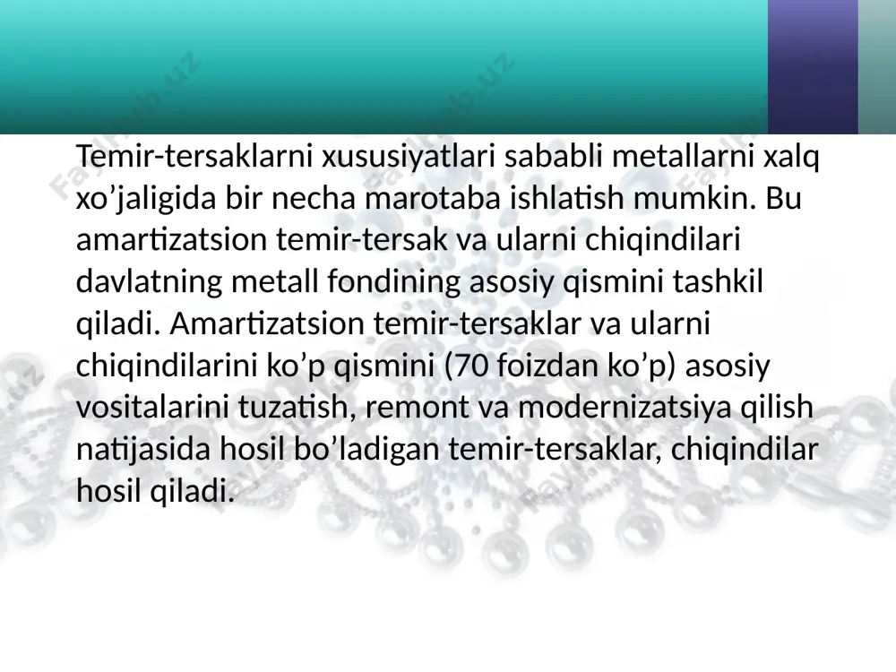 tall fondining moddiy strukturasi metallarni quyidagi asosiy fondlar bo’yicha taqsimlanishini ko’rsatadi: 1)bino va inshoatlar; 2)kuch mashina va mexanizmlari; 3)ishchi mashina va uskunalar; 4)o’lchovchi va rostlovchi asboblar; 5)transport vositalari; 6)asbob uskunalar; 7)ishlab chiqarish va xo‗jalik invertorlari. davlatni metall fondini aniqlash juda qiyin iqtisodiy masala hisoblanadi, chunki metallar asosiy va aylanma fond shaklida butun respublika territoriyasida tarqalgan bo’ladi. davlat metallar fondini aniqlash quyidagi uch asosiy hisoblash usullarida biridan amalga oshiriladi: 1)natural usul; 2)qiymat usuli; 3)metall sarflash usuli. asosiy fondlarni bir qancha turlari bo’yicha, hisobga olinayotgan ob‘ektlarni birligida metall hajmini bilvosita o’lchagichlar qo’llanilishi mumkin. masalan, dam olish uylari, sanatoriyalar va kasalxonalarda - bir yotoq joyi bo’yicha; yaslilar va bolalar bog’chalarida - bir joy bo’yicha; maktablarda-bir o’quvchi bo’yicha va boshqalar. image2.jpg image3.jpeg image4.jpeg image5.png image6.jpeg image1.jpg /docprops/thumbnail.jpeg
