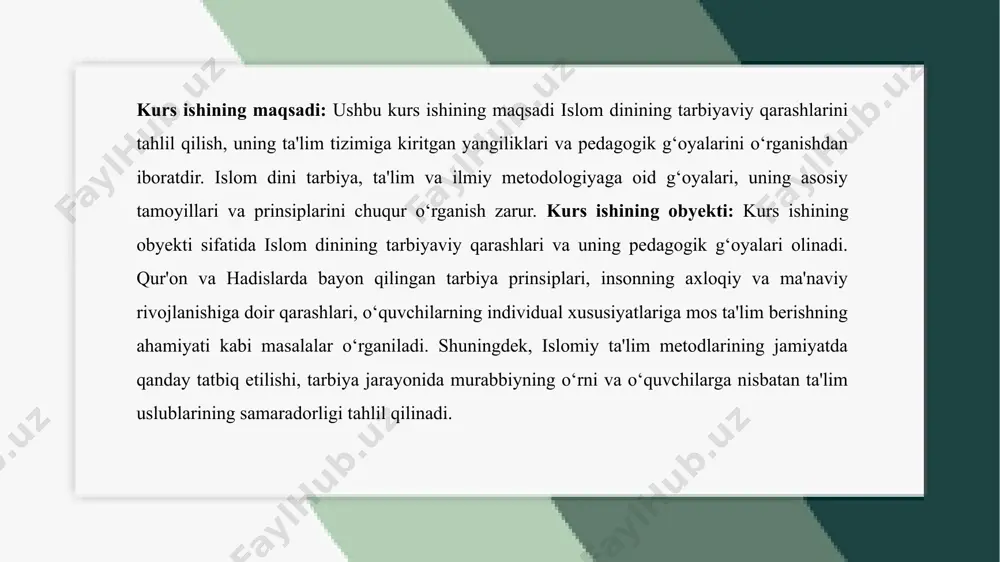 ’siri islomda inson tarbiyasiga jamiyat va atrof-muhitning ta’siri katta ahamiyatga ega deb qaraladi. farzandning yaxshi yoki yomon inson bo‘lib shakllanishida uning yashash muhiti va jamiyatdagi muhit hal qiluvchi omillardan biridir. qur’onda solih insonlar bilan birga bo‘lish va yomon muhitdan uzoq yurish haqida ko‘plab oyatlar kelgan. payg‘ambar muhammad (s.a.v.) ham yaxshi do‘st va jamiyatning inson tarbiyasiga ijobiy ta’siri haqida ta’kidlab, yomon muhitning zararlaridan ogohlantirgan. agar inson yaxshi muhitda ulg‘aysa, ezgulik, adolat va halollik tamoyillariga amal qiladigan shaxsga aylanadi. islom ta’limotida inson tarbiyasida jamiyat va atrof-muhit muhim o‘rin tutadi. inson tabiatan o‘zgalar bilan muloqotda bo‘lib, ular ta’sirida shakllanadi. qur’onda yaxshi muhit va solih kishilar bilan do‘stlashish inson tarbiyasiga ijobiy ta’sir ko‘rsatishi ta’kidlangan. payg‘ambar muhammad (s.a.v.) ham insonning do‘stlari va jamiyati uning xulq-atvorini belgilashini uqtirgan. agar jamiyatda adolat, halollik va mehr-oqibat hukm sursa, unda insonlar ham komil shaxs bo‘lib yetishadi. aksincha, yomon muhit axloq buzilishiga, yomon odatlarga va gunohlarga yetaklashi mumkin. shuning uchun …