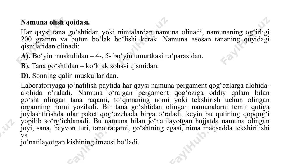 arsa ko‘rinmaydi. agar yangi bo‘lmagan go‘shtdan surtma tayyorlangan bo‘lsa, surtmada ko‘plab sharsimon va tayoqchasimon shakldagi mikroblarni ko‘rish mumkin. go‘sht ekstraktini tayyorlash. go‘sht ekstraktini tayyorlash uchun 25 gramm go‘sht olinib, u yog‘dan, paydan va suyakdan ajratiladi, keyin 40-50 bo‘lakka bo‘linib, 250 ml. hajmli kolbaga solinadi. bu kolbaga 100 ml. distirlangan suv quyilib, yaxshilab aralashtiriladi. bu go‘sht aralashmasi 15 daqiqa turgandan keyin (shu orada 3 marta qo‘zg‘atiladi) qog‘oz filtridan o‘tkazilib, filtrlanadi. qoidaga muvofiq yaxshi go‘shtdan tayyorlangan ekstrakt filtr qog‘ozidan tezda o‘tadi va bu ekstraktning rangi tiniq bo‘ladi. buzilish jarayoni ketayotgan go‘shtlardan tayyorlangan ekstrakt filtrlanganda yomon filtrlanadi va olingan filtrat loyqa bo‘ladi. aniqlash texnikasi. ikkinchi nomerli probirkaga 2 ml tekshirilayotgan go‘sht ekstraktidan quyiladi va bunga yana 1 ml indikator (paranitrofinol), 4 ml distirlangan suv qo‘shiladi; birinchi, uchinchi, probirkalarga 2 ml dan go‘sht ekstrakti va 5 ml distirlangan suv qo‘shiladi, beshinchi nomerli probirkaga faqat 7 ml suv quyiladi. komparatorni to‘rtinchi va oltinchi xonalariga mixaelis …