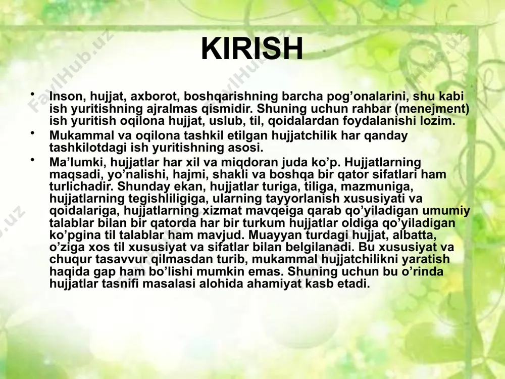 yildi. masalan, qatnashuvchilarning har biri ko’rish, eshitish, sezish, hid va ta’m bilish qobiliyatiga to’la yoki ma’lum darajada ega bo’lishi kerak. samarali ish yuritish har bir tomon (ma’lumot bir kishidan boshqasiga, tashkilot bo’limidan bo’limga, tashkilotdan tashkilotga uzatiladi)dan ma’lum mahorat va bilim talab etadi, hamda ma’lum darajada o’zaro tushunish bo’lishi kerak. ish yuritish o’zbek tilida olib borilar ekan, agar mazkur xodimlar o’zbek tili qonuniyatlaridan yaxshi xabardor bo’lmasalar, ular ish vaqtlarining hammasini (100%) bu ishga sarflaganlarida ham ijobiy natijaga erishish qiyin. xulosa ish yuritish sohasi o‘zbek tilining amalda bo‘lish imkoniyatlarini namoyish qiladigan yo‘nalishlardan bo‘lib hisoblanadi. yoziladigan hujjat faqat uning muallifining o‘zi uchun yozilmasdan, ko‘pchilik, shu jumladan, yuqori tashkilot va muassasalar hamda ularning rahbarlari nazaridan o‘tishi ham inobatga olinsa, uni shakllantirishga jiddiy e'tibor berishga to‘g‘ri keladi. chunki hujjat ma'lum ma'noda uni yozgan kishining savodxonlik darajasini ko‘rsatuvchi oynadir. shunday ekan, uni talablar darajasida rasmiylashtira olmagan yoki o‘z ona tilida savodli qilib yoza olmagan xodim jamoa …