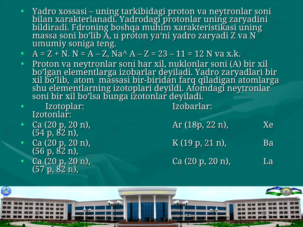 ar oqimi f ek ga qarab harakat qila boshlaydi. bu nurlarga kanal nurlari yoki + zaryadlangan nurlari deyiladi. kanal nurlarining zarrachalari naydagi gazni tashkil qilgan moddalarning bitta yoki bir nechta elektron yo’qotgan atomlari yoki molekulalaridir. masalan: o2+ o+ o2+ n+ c+ co2+ h+ h2+ hg+ hg2+ e/m 1 1 1 1 1 1 1 1 1 1 8 16 32 14 12 44 1,007 2,014 200 100 bu ionlar xatto zy/m – lari bir xil bo’lgan ionlar ham har xil tezlikda harakat qiladi va fotogrammada har xil (chiziqlar) hosil qiladi. parabolalar hosil bo’ladi. 2. 1920 yilda aston tomson priborni o’zgartirdi va unga mass – spektrograf nom berdi. aston katod kanalidagi uzun tirqishni, diafragmali teshik orqali almashtirdi va magnit hamda elektromaydonlarni tekistlikda bir-biriga nisbatan perpendikulyar joylashtirdi. agar zarrachalarning massa va zaryadlari bir xil bo’lib tezliklari har xil bo’lsa, plastinkada 1 ta chiziq hosil bo’ladi. agar zarrachalarning massalari har xil bo’lsa, u …
