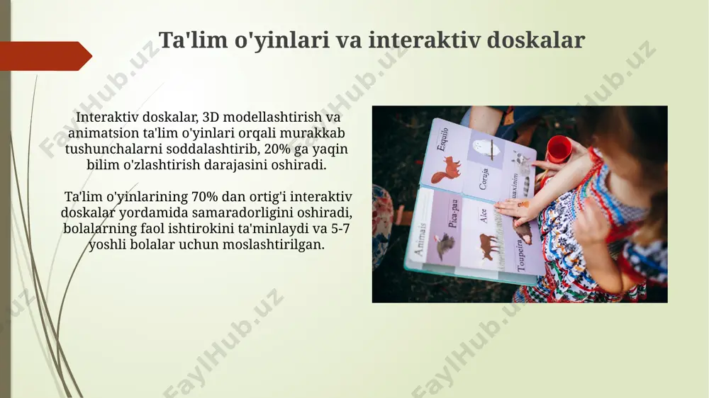 20% ga ko'proq o'rganishga undaydi, chunki ularning qiziqishi va motivatsiyasi yuqori bo'ladi, shuningdek, individual yondashuvni ta'minlaydi. robot texnologiyalari va dasturlash asoslari kodlash asoslarini o'rgatish uchun mo'ljallangan interaktiv robotlar bolalarga 20 dan ortiq turli xil topshiriqlarni bajarishga yordam beradi va muammolarni hal qilish qobiliyatlarini oshiradi. robotlar yordamida bolalar 4-5 yoshdan boshlab vizual dasturlash tushunchalarini, algoritmlashtirishni o'rganishlari va sodda dasturlar yaratishni o'rganishlari mumkin, bu esa mantiqiy fikrlash qobiliyatlarini rivojlantiradi. maktabgacha yoshdagi bolalarning raqamli savodxonligi bolalar bogʻchalarida raqamli resurslardan foydalanish, oʻquv jarayonining samaradorligini 15-20% ga oshirishga va bolalarning bilimlarini chuqurlashtirishga yordam beradi. ta'limda sensorli ekranlardan foydalanish bolalarning nozik vosita mahoratini rivojlantirishga va ularning 3d modellashtirish kabi zamonaviy texnologiyalar bilan tanishish imkoniyatini beradi. onlayn ta'lim platformalari va resurslari onlayn ta'lim platformalarining 70% dan ortig'i interfaol o'yinlar va animatsiyalarni qo'llab-quvvatlaydi, bu bolalarning bilim olish jarayoniga bo'lgan qiziqishini oshiradi va o'rganishni samaraliroq qiladi. preschool ta'limi uchun mo'ljallangan onlayn resurslarning 30% dan ko'prog'i, bolaning rivojlanish darajasiga moslashuvchanlikni …