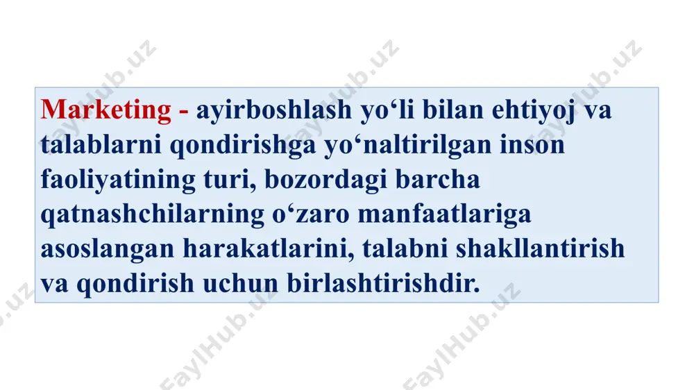 lish korxonalardan bozorga mumkin qadar moslashishni va davlat iqtisodiy siyosatiga to‘liq javob berish bilan birga, ishlab chiqarishning samaradorligi va foydaliligini oshirish, mehnat natijalaridan moddiy manfaatdorlikni oshirishga asoslangan, o‘zining rivojlanish strategiyasini ishlab chiqish va amaliyotga joriy qilishni har vaqt talab qiladi. nima uchun bunday hol sodir bo‘ladi? chunki, marketingli yondashuvda qiymat qonuni va tovar ishlab chiqarishning boshqa iqtisodiy qonunlari qat’iy amal qiladi. ana shu asosida faqat bozorgina tovar-pul almashinuvini ta’minlaydi. lshlab chiqilgan moddiy boyliklar pul ekvivaientiga almashtirilmas ekan, ijtimoiy takror ishlab chiqarish tugallangan va to‘liq bo‘lmaydi va yangi ishlab chiqarish davri sikli boshlanishi o‘z o‘zidan mumkin emas. eng kam xomashyo, materiallar, mehnat va moliya resurslar sarfi bilan talabni ko‘proq, to‘laroq qondirishga imkon beradigan marketing strategiyasining ma’nosi ham ana shunda. shunday qilib, marketing usullaridan foydalanish korxona manfaatlari va maqsadlarini, jamiyat maqsadlari va manfaatlari bilan birlashtiradi, iqtisodiyot taraqqiyotiga mikro va makroiqtisodiy yondashuv birligini ta’minlaydi. respublikamiz o‘zining ijtimoiy maqsadlari va iqtisodiy dasturlarini faqat bozor …