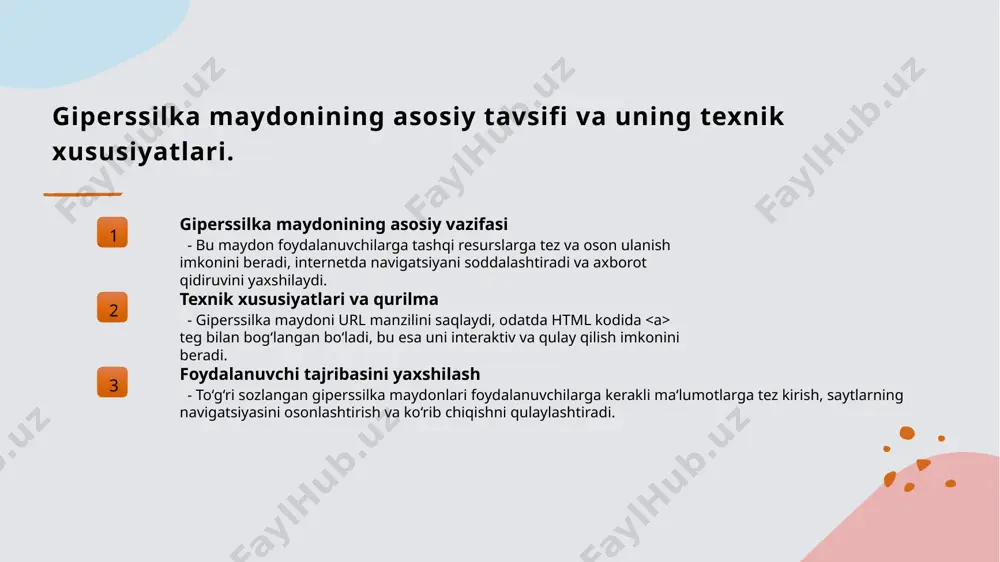 i tashqi resurslarga o'tishni ta'minlaydi, internetda qidiruvni soddalashtiradi. axborot qidiruvini soddalashtiradi giperssilkalar yordamida foydalanuvchilar murakkab bo’lmagan tarzda kerakli sahifalarga va resurslarga osonlik bilan kirib, ma’lumotlarni tez topish imkoniyatiga ega bo’ladilar. navigatsiya va foydalanuvchi tajribasi giperssilkalar internetda navigatsiyani yaxshilaydi, foydalanuvchilarga saytlar va resurslar orasida tez va qulay harakat qilish imkonini beradi, shuningdek, axborot qidirishni samarali qiladi. giperssilka maydonining asosiy funksiyasi va uning foydalari. foydali navigatsiya giperssilka maydonlari foydalanuvchilarga tez va oson tarzda kerakli resurslarga yoki sahifalarga o'tishni ta'minlaydi, bu esa veb-saytlarning qulayligini oshiradi. axborot almashinuvi giperssilka maydonlari orqali tashqi manbalar bilan bog‘lanish mumkin, bu esa kengaytirilgan ma'lumot va resurslarni tez va samarali olish imkonini beradi. internetdagi samaradorlik ular yordamida foydalanuvchilar internetda izlanish va ma'lumot qidirishda vaqtni tejashadi, hamda o‘zaro aloqalar va kommunikatsiyani yaxshilashadi. giperssilka maydoni orqali axborot va resurslarga tez kirish imkoniyati. tezlik va qulaylik interaktivlik va qulaylik axborotga erkin kirish giperssilka maydoni orqali axborot va resurslarga tez kirish imkoniyati taqdim …