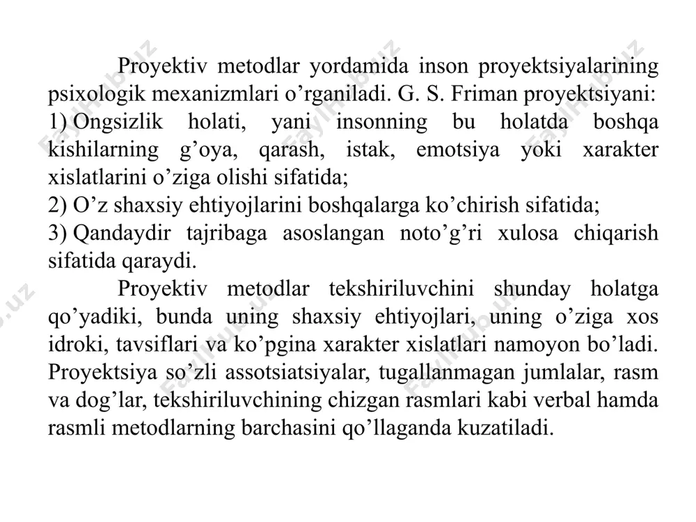 rtirishga bir necha urinish bo’lishiga qaramasdan psixologik diagnostika fanida barcha tomonidan e`tirof etildi. proektiv metodlarning muhim belgisi shundan iboratki, bunda aniq bo’lmagan, bir xil tuzilmagan stimullardan foydalaniladi. sinaluvchi uni qayta qurishi, rivojlantirishi, to’ldirishi, sharhlashi zarur. proektiv farazga mos ravishda individumning har bir hissiyoti, uning idroki, his-tuyg`ulari, fikrlari, harakatlarida shaxsning izini qoldiradi. insonni faollika undovchi stimul-vaziyatlar qanchalik kam stereotip bo’lsa, shaxs o’zini shunchalik yorqinroq namoyon qiladi. proektiv metodikalardagi stimullar nafaqat uning ob`ektiv mazmuniga ko’ra ahamiyatga ega bo’lmaydi, sinaluvchi uchun shaxsiy ma`nosiga ko’ra ham ega bo’ladi. ana shundan proektiv metodikalar uchun xos bo’lgan javoblarni to’g`ri yoki noto’g`ri deb baholash xos emas. proektsiyani shunday tushunish uni psixoanalitik talqin qilishdan tubdan farq qiladi. psixoanaliz proektsiyani himoya mexanizmlaridan biri deb hisobladi. bunda “men” uchun hos bo’lgan ichki impulslar va hissiyotlar tashqi ob`ektga yo’naltiriladi, tevarak atrofni o’zgargan holda idrok qilish sifatida ongga kirib boradi. stimul vaziyati bilan bog`liq proektsiya jarayonini dastlab g.myurrey tavsiflagan. myurreyning ta`kidlashicha, proektsiya …
