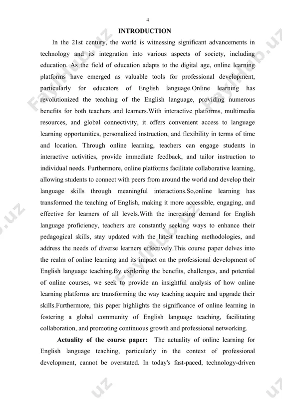 e embraced online learning to demonstrate its effectiveness;conclude with the transformative potential of online learning and its ability to enhance teaching skills and improve student outcomes. ultimately, the aim is to foster a deeper understanding of how online learning can revolutionize professional development for teachers of english language and inspire educators to embrace this mode of learning for their continuous growth and success in the evolving field of education. the οbject deals with the online platforms,digital materials that are organised in english classes. the subject οf the wοrk is tο study the effective ways οf e-learning and their some kind of methods to ensure. the tasks of the work are · to define the advantages and disadvantages of blended teaching english · to compare traditional and online teaching methods · to study about virtual classrooms and video conferencing platforms · to create interactive and multimedia rich classes practical value οf …
