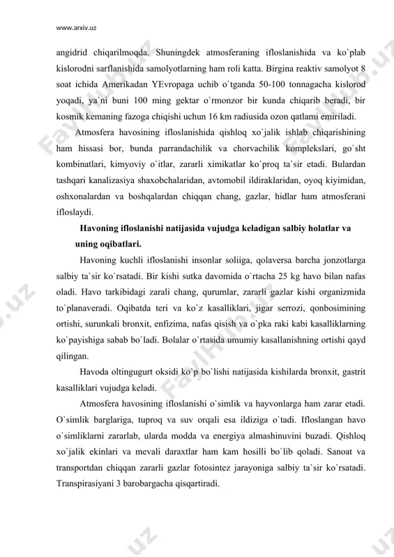 nishi hayvonlarga ham ta`sir etib, ularning zaharlanishiga, ba`zan esa nobud bo`lishiga sabab bo`lmoqda. hayvon turlarining kasallanib, zaharlanib, qirilib ketishida urushlarning, xususan aqshning vetnamda, laosda olib borgan urushlarida kimyoviy qurollarni qo`llash tufayli 170 qush turidan hozir 24 qush turi, 55 sut emizuvchilar turidan 5 turi qolgan. atmosferaga milliard tonnalab so2 gazining chiqarilishi natijasida sayyoramizning o`rtacha harorati 1850 yilga nisbatan 0,5os ga oshganligi aniqlangan. agar atmosferadagi so2 ning miqdori ortib boraversa, uning miqdori 2025 yilga borib 0,0379% ga etishi mumkin, bu esa er sayyorasi haroratini 1,8os gacha ko`tarilishi taxmin qilinmoqda. yer atmosferasi haroratining o`sishi, muzliklarning erishiga, suv sathining ko`tarilishiga olib keladi, bu esa ekin maydonlarini kamaytiradi, yoin-sochin miqdori ko`payib, iqlim o`zgaradi. oxirgi 25-30 yil ichida kislotali yomirlar ayrim davlatlarda haqiqiy ekologik falokatga aylanib qoldi. har qanday qazilma yoqili yondirilganda chiqindi gazlar tarkibida oltingugurt va azot qo`sh oksidlari bo`ladi. atmosferaga millionlab tonna chiqarilayotgan bu birikmalar yomirni kislotaga aylantiradi. so`nggi yillarda aqsh, kanada, germaniya, …