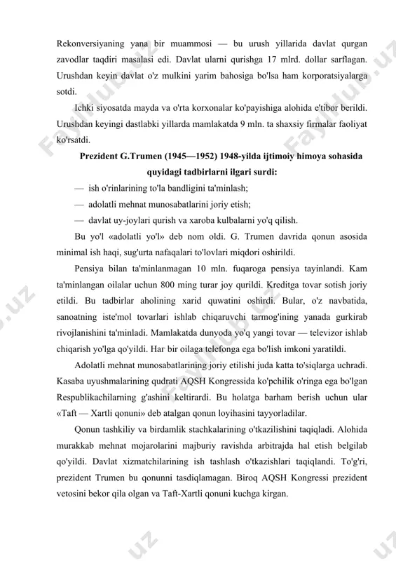 ajburiy ravishda arbitrajda hal etish belgilab qo'yildi. davlat xizmatchilarining ish tashlash o'tkazishlari taqiqlandi. to'g'ri, prezident trumen bu qonunni tasdiqlamagan. biroq aqsh kongressi prezident vetosini bekor qila olgan va taft-xartli qonuni kuchga kirgan. 1952-yilgi prezident saylovlarida mashhur harbiy qo'mondon, general d. eyzenxauer (respublikachilar partiyasining nomzodi) g'alaba qozondi. uning ichki siyosatida o'zgacha fikrlovchilarni ta'qib etish kompaniyasi boshlandi. bu kompaniyani senator j. makkarti boshqardi. uning rahbarligida aqsh senati «amerikaga qarshi faoliyatni tekshirish ko-missiyasi» ni tuzdi. komissiya aqsh ning ichki va tashqi siyosati haqida rasmiy nuqtayi nazardan o'zgacha fikr bildirganlarni qo'poruvchilikda aybladi. komissiya aqsh konstitutsiyasi ruhiga zid ravishda aybdor deb topilgan kishilarni qamoq jazosiga hukm etardi, jarima solar yoki ishdan haydash haqida qaror chiqarar edi. to'g'ri, aqsh senati 1954-yilda makkarti xatti-harakatini qoralagan. 50-yillarda negr xalqining o'z haq-huquqi uchun kurashi kuchaydi. bu kurashning rahbari ruhoniy martin lyuter king edi. u kurashning kuch ishlatmaslik yo'lini tanlagan. 1956-yilda aqsh oliy sudi avtobuslarda oq tanli va qora tanlilar …