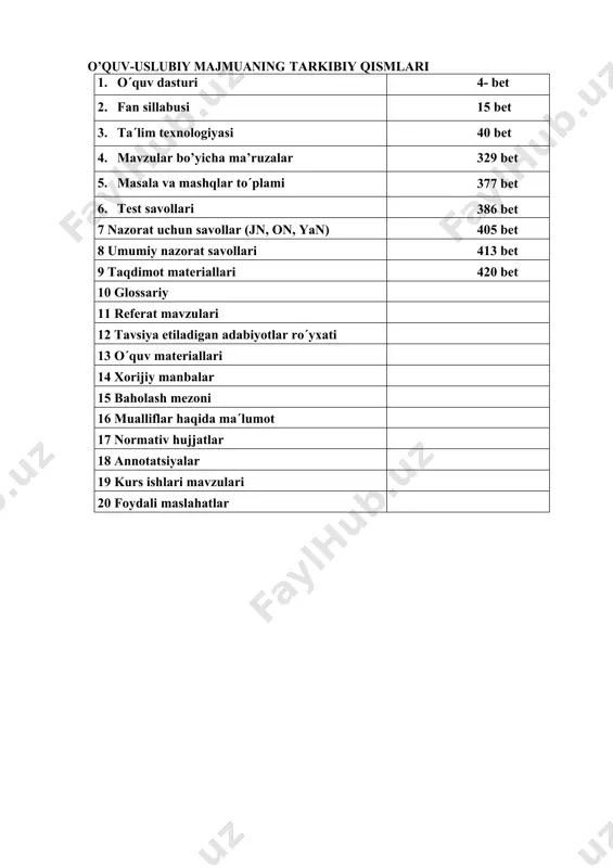 iyati, moliyaviy risklar, moliyaviy siyosat, moliyaviy nazoratni tashkiliy asoslari, sug‘urta, xalqaro moliya munosabatlari va boshqa shu kabi moliyaviy tushunchalar bo‘yicha yo‘nalishga mos bilim, ko‘nikma va malaka shakllantirish hisoblanadi. fanning vazifasi - talabalarni nazariy bilimlar, amaliy ko‘nikmalar, moliyaviy hodisa va jarayonlarga uslubiy yondashuv hamda ilmiy dunyoqarashini shakllantirish orqali fanning inson hayotidagi va jamiyatdagi o‘rni hamda ahamiyatini ochib berish. 3. ii. аsоsiy nаzаriy qism (mа’ruzа mаshg‘ulоtlаri) iii-semestr 1-mavzu. moliyaning mohiyati va funksiyalari. moliyaviy siyosat moliya va davlatning vujudga kelishi, uning resurslarga bo‘lgan ehtiyojining rivojlanishi. mamlakat iqtisodiyotining ahvoli va moliya. moliyaning moddiy mazmuni. moliyaviy siyosatning mazmuni va tamoyillari. moliyaviy boshqaruvning barcha tizimi davlatning moliyaviy siyosatiga asoslanishi. 2-mavzu. moliyaviy tizim va moliyaviy boshqaruv moliyaviy tizimning sohalari va bo‘g‘inlari. moliyaviy tizimning ta’rifi. davlat moliyasi, mahalliy moliya, xo‘jalik yurituvchi subyektlar moliyasi va ularning bo‘g‘inlari. moliyani boshqarishning boshqariladigan (obyektlar) va boshqaruvchi (subyektlar) tizimlar yagonaligidan iboratligi. moliyani boshqarishning asosiy metodologik tamoyillari, usullari va shakllari. 3-mavzu. davlat byudjeti. davlat …