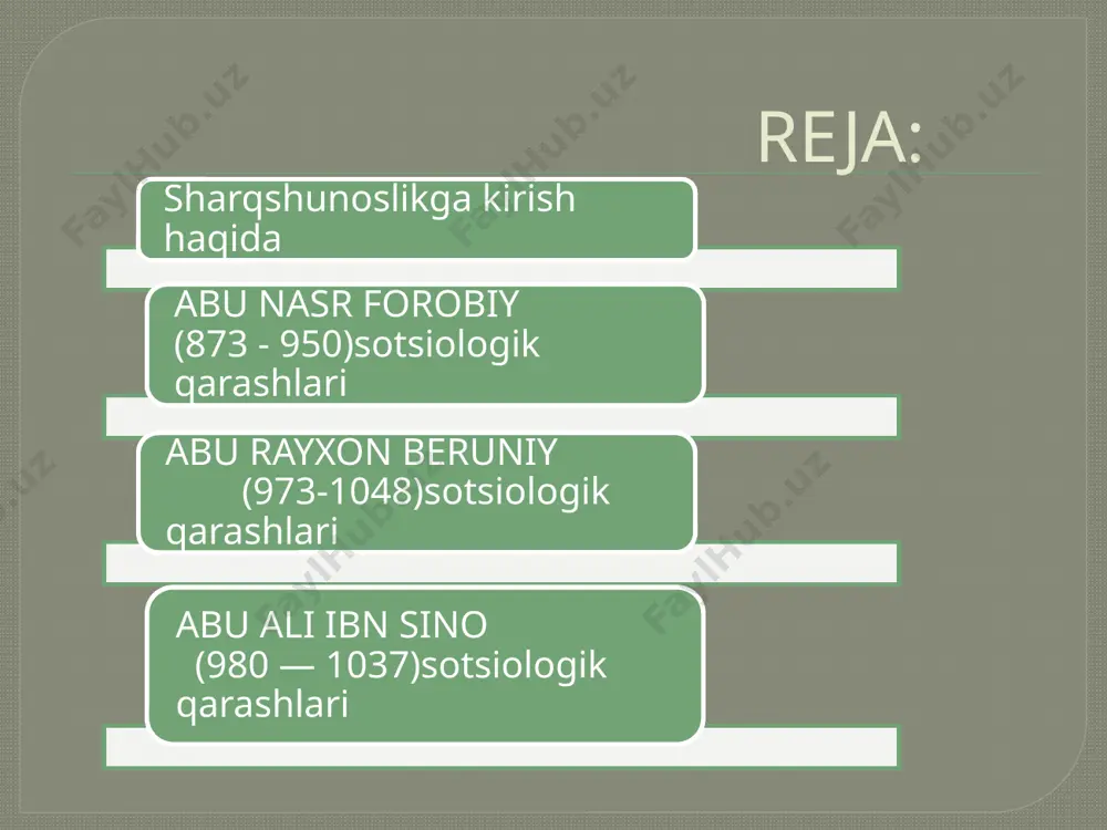 i e'tiborga olib, jordano bruno ibn sinoni qadimgi yunonistonning buyuk faylasufi aristotel, tabib galen bilan teng qo’ysa, dante o’zining «ilohiy komediya»sida olimni ptolomey, yevklid, gippokratrga tenglashtiradi. nemis faylasufi l.feyirbah uni «mashhur tabib va faylasufodir desa, hindistonning buyuk davlat arbobi j.nehru o’zining «hindistonning ocbilishi» asarida o’rta osiyo olimlarini tilga olar ekan, ibn sino nomini alohida ta'kidlab: «ulardan eng mashhuri tabiblar podshohi» degan nomni olgan buxorolik ibn sino (avitsenna)dir, - deydi. ulug’ mutaffakkir abu ali ibn sinoning sotsiologik qarashlari o’zining ilmiy teranligi voqelikka hushyor baho berish hususiyati bilan ajralib turadi. ibin sino olamning barqaror amal qilishi jamiyat va tabiatning strategik, yani o’z- o’zini idora qilish, mustaqil boshqarish hususiyatining ishga tushurilishi va harakatlanish bilan izohlanadi deb izohlanadi. test 1. javoblardan mosini toping? 1) farobiy. 2) beruniy. 3) ibn sino. a. fozil odamlar shahri b. qadimgi xalqlardan qolgan yodgorliklar. c. tib qonunlari. a. 1-b, 2-a, 3-c b. 1-a, 2-b, 3-c c. 1-c, 2-b, 3-a …