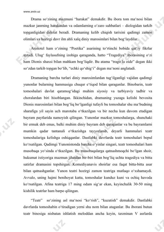valo, uning hajmi benihoyat katta, tomoshalar kunduz kuni va ochiq havoda ko‘rsatilgan. afina teatriga 17 ming odam sig‘ar ekan, keyinchalik 30-50 ming kishilik teatrlar ham barpo qilingan. “teatr” so‘zining asl ma‘nosi “ko‘rish”, “kuzatish” demakdir. dastlabki davrlarda tomoshabin o‘tiradigan yerni shu nom bilan ataganlar. bu iborani butun teatr binosiga nisbatan ishlatish meloddan ancha keyin, taxminan v asrlarda iste‘molga kiritilgan. yunon xalqining ma‘naviy taraqqiyoti tarixida teatrning tutgan o‘rni g‘oyat buyukdir. eramizdan oldingi v asrning dastlabki yillarida boshlangan qizg‘in ijtimoiy va siyosiy voqealar – yunon elining eski tuzumdan asta-sekin sinfiy davlatga aylanib borishi, mamlakatda demokratik harakatning toboro mustahkamlanishi eron-yunon urushi yillaridagi mislsiz milliy birdamlik va dushman ustidan g‘alaba qozonish ishtiyoqi, nihoyat, urushdan keyingi ijtimoiy va madaniy ko‘tarilish – o‘z ifodasini hammadan ko‘ra ko‘proq esxil ijodida topadi. shoir taxminan 525-524 yillarda elivsin shahrida aslzoda aristokrat oilasida tug‘iladi. esxil 456 yilda gela shahrida vafot etgan. esxil yigirma yoshida birinchi marta dramatik shoirlar musobaqasida qatnashadi, biroq …