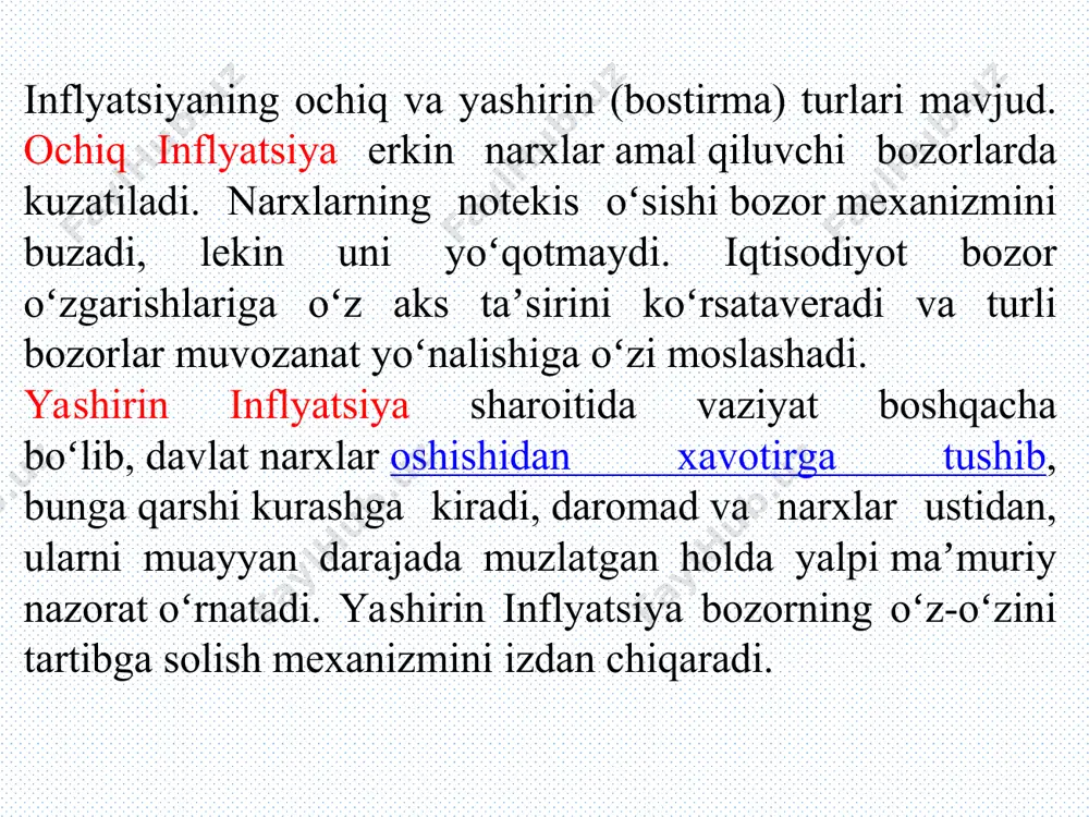 ilar (jumladan davlat)ni ish haqini oshirishga majbur qiladi. bu esa, o‘z navbatida, inflyatsiyaning yangi bosqichini boshlab beradi: maosh ko‘tarilishi talab oshishiga (odamlarda ko‘proq pul paydo bo‘ladi) va bozor taklifi qisqarishiga (maoshning ortishi – bu ishlab chiqaruvchi xarajatlarining ortishidir) olib keladi, shuningdek ortiqcha budjet xarajatlari ham ortadi, ularni, birinchi navbatda, pul emissiyasi evaziga moliyalashtirishga to‘g‘ri keladi. “soliq–inflyatsiya” spirali inflyatsiya iqtisodiyotga soliq yukini kuchaytirishi mumkin, bu avvalo progressiv soliqlar (soliqqa tortiluvchi baza qanchalik katta bo‘lsa, soliq stavkasi shunchalik yuqori bo‘ladi) tufayli ro‘y beradi. axir, oldinlari o‘rta yoki yirik deb hisoblangan va yuqoriroq soliq stavkalari bo‘yicha soliqqa tortilgan ish haqi inflyatsiya tufayli qiymatini yo‘qotadi, lekin yuqori stavkalar saqlanib qoladi. agar bizdagi vaziyat haqida gapiradigan bo‘lsak, bunda rasmiy kurs bo‘yicha milliy valyutada to‘lanadigan bojxona to‘lovlari (mohiyatiga ko‘ra bular ham soliqlar) eng katta xavotir uyg‘otadi. almashinuv kurslari bir xillashtirilganda, rasmiy kurs kuchli devalvatsiyaga uchraydi. pirovardida, to‘lanadigan bojxona to‘lovlari sezilarli darajada ko‘tariladi, bu import tovarlar qiymatining …