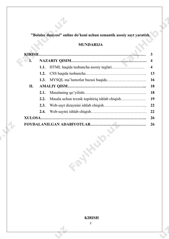qida gapirsak. o'zbekistonda internet do'konlari bilan xaridlarni amalga oshirish ommalashib bormoqda. hozirgi kundagi pandemiya tufayli ushbu internet do’konlariga talab ham kundan kunga oshmoqda. bunga misol qilib bir qancha internet do’konlari saytlari va ilovalarini keltirishimiz mumkin. asaxiy.uz, express24.uz, lebazar.uz ni misol ketirish mumkin. lekin o’zbekistonda juda ko’p tanlovga ega online o’yinchoq do’kon mavjud emas.chet elda eng mashxurlari amazon.com, aliexpress.com, alibaba.com xullas sanog'i ko'p ular o'zbekistonda ham mahsulotlar sotishadi. to'lov tizimlari esa paypal.com, webmoney.ru, qiwi.com va ko'plab misollar keltirish mumkin, bularni ham eng ommaboplarini sanab o'tdik. o'zbekistondagi to'lov tizimlari hammani plastik kartasida bo'lgan uzcard va shu asosida ishlovchi ko'plab, click.uz, payme.uz, u-pay.uz, mobil bankin, paynet va websum keyin boshqalardir. bu tizimlar orqali deyarli barcha turdagi mahsulotlarni internet orqali buyurtma berishingiz mumkin va ular buyurtmangizni uyingizgacha olib kelib berishadi. i.nazariy qism 1.1. html (hyper text markup language) – belgili til bo’lib, ya'ni bu tilda yozilgan kod o’z ichiga mahsus ramzlarni mujassamlashtiradi. bunday ramzlar …