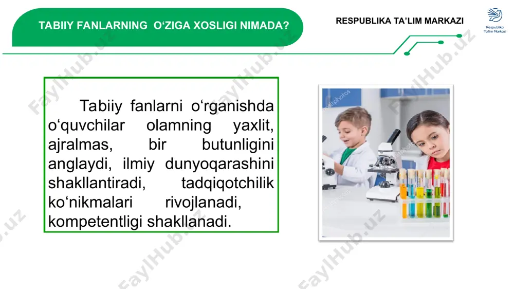 al qiladi; kundalik faoliyatida ijodiy va mantiqiy fikrlab, o‘zining intellektual rivojlanishini ongli rejalashtiradi, o‘quv faoliyati natijalarini nazorat qiladi va baholaydi. amaliy kompetensiya milliy o‘quv dasturi respublika ta’lim markazi milliy o‘quv dasturi milliy o‘quv dasturi amaldagi o‘quv dasturidan nimasi bilan farq qiladi? respublika ta’lim markazi milliy o‘quv dasturi “tabiiy fanlar” ga ajratilgan haftalik o‘quv soatlari ko‘paytirildi (2-3-4-sinflarda 2 soatdan (amalda 1 soatdan) etib belgilandi; amaliy mashg‘ulotlar ulushi 0 foizdan 50 foizga yetkazildi; o‘quvchilarning nazariy olgan bilimlarini hayotda qo‘llash, xalqaro baholash standartlariga mos keluvchi topshiriqlar bilan ishlash uchun kichik loyiha ishlariga alohida soatlar ajratildi; o‘quvchilarga qo‘yiladigan malaka talablari sinflar kesimida belgilandi; fanlararo uzviyligi ta’minlandi, murakkab mavzular tegishli yuqori sinf o‘quv dasturlariga o‘tkazildi; spiralsimon (oddiydan murakkabga) o‘qitishga yo‘naltirildi. xxi asr ko‘nikmalari о‘quvchilar egallagan kо‘nikmalarini kundalik turmushda, hayotiy vaziyatlarda qay tarzda qо‘llaydilar fundamental bilimlar tanqidiy fikrlash kreativlik muloqot hamkorlik murakkab masalalarni hal qila olish kо‘nikmalari qiziquvchanlik tashabbuskorlik maqsad sari intilish moslashuvchanlik liderlik хabardorlik shaxsiy …