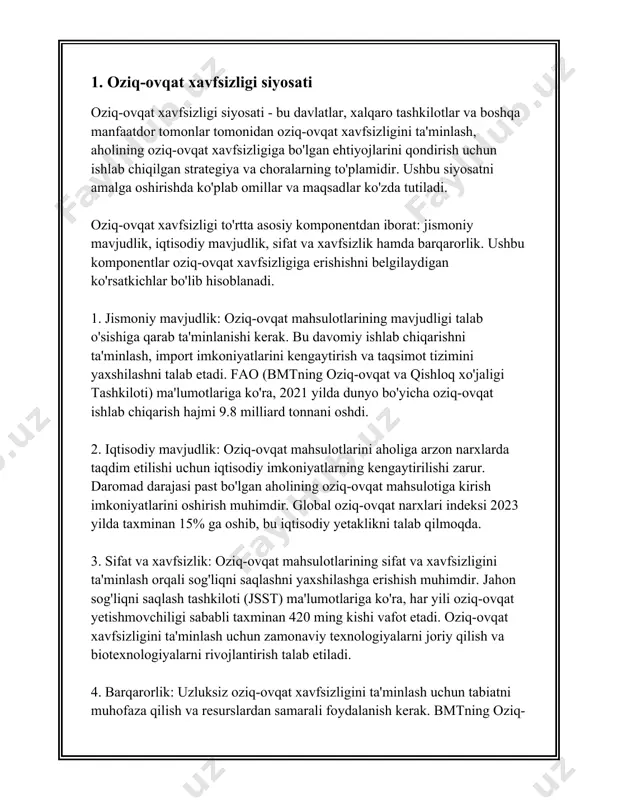 rlik masalalari dunyodagi ko'plab mamlakatlar uchun muhim iqtisodiy va ijtimoiy ahamiyatga ega. o'zbekistonda ham dehqonchilik uzoq tarixga ega bo'lib, mamlakat iqtisodiyotining asosiy tarmoqlaridan biri hisoblanadi. o'zbekistonda qishloq xo'jaligi yerlarining umumiy maydoni taxminan 45 million gektar, shundan sug'oriladigan yerlar 4,3 million gektarni tashkil etadi. sug'oriladigan yerlar asosiy qishloq xo'jaligi mahsulotlarini ishlab chiqarish uchun zarur bo'lib, g'alla, paxta, sabzavot va mevalarning asosiy qismini yetishtirishda foydalaniladi. 2020 yilda mamlakatda paxta hosili taxminan 3,0 million tonnani tashkil etgan. g'alla yetishtirish uchun ajratilgan maydonlar ham juda muhimdir, aksariyat hollarda bug'doy yetishtiriladi. o'zbekistonda har yili o'rtacha 6-7 million tonna bug'doy ishlab chiqariladi. 2020 yilda bug'doy hosildorligi gektariga o'rtacha 4,5 tonnani tashkil etgan. qishloq xo'jaligi mahsulotlari orasida sabzavotlar va mevalar ham muhim o'rin tutadi. 2020 yilda sabzavotlar hosili 13 million tonnadan oshgan. pomidor, bodring, kartoshka, karam va piyoz kabi mahsulotlar yetishtirishda o'zbekiston hududlari iqlim sharoitlariga qarab ixtisoslashgan. mevalar xususida, mamlakatda uzum hosili taxminan 1,5 million tonnani tashkil …