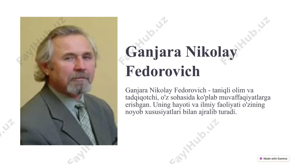 tta hissa qo'shdi. 5 uning asarlarining jahon fani va texnikasi rivojiga qo'shgan hissasi ilmiy ishlanmalar ganjara niilmiy ishlanmalari jahon fani va texnikasi rivojiga ijobiy ta'sir ko'rsatdi. kolay fedorovichning texnologiya uning tadqiqotlari radioaloqa, televidenie va kosmik aloqa texnologiyalari rivojiga o'z hissasini qo'shdi. zamonaviy dunyo uning ilmiy ishlanmalaridan hozirgi zamonning ko'plab texnik qurilmalarida foydalaniladi. 7 uning xotirasini abadiylashtirish xotira ganjara nikolay fedorovichning xotirasi uning ilmiy va jamoat faoliyati bilan abadiylashtirilgan. nomlash uning nomi bilan universitetlar va tadqiqot markazlarida ilmiy laboratoriyalar nomlangan. esdaliklar uning xotirasiga bag'ishlangan kitoblar va maqolalar chop etilgan. 8 xulosa ganjara nikolay fedorovichning ilmiy faoliyati o'zining muhimligi va jahon fani va texnikasi rivojiga qo'shgan hissasi bilan ajralib turadi. uning ilmiy merosini o'rganish va rivojlantirish bo'yicha tadqiqotlar olib borish kerak. uning xotirasini abadiylashtirish bo'yicha qo'shimcha chora-tadbirlarni amalga oshirish kerak. x 9 foydalanilgan adabiyotlar; degradatsiya i oxrana pochv. pod red. akad. ran g.v. dobrovolskogo. izd. mgu. m. 2002 boboxo‘jaev i.p., uzoqov p.u. …