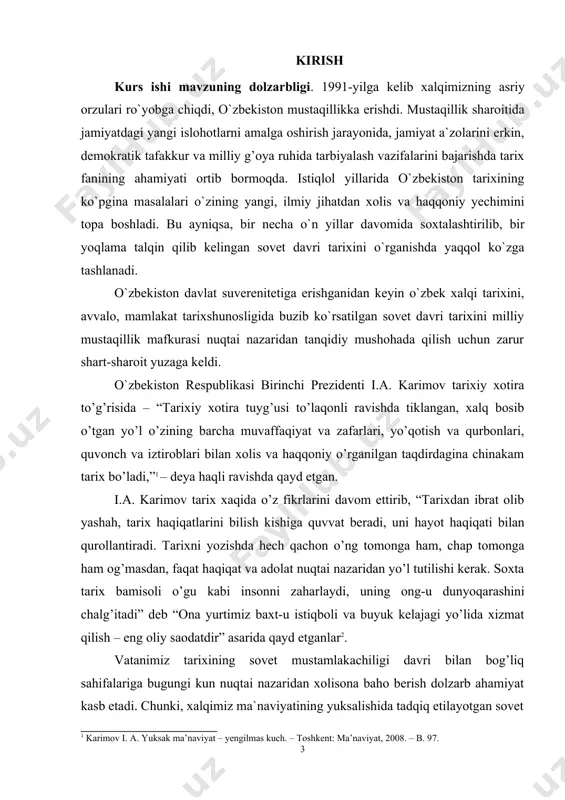 asi qanday bo`ronlar ichida qolmadi, kimlar bizni tobe va qaram qilishga intilmadi. ana shu tarixdan saboq chiqarmasak, ertaga kechagi kun ko`rgiliklari qaytadan boshimizga tushib qolishi hech gap emas. boshqacha aytganda, kechagi kundan to`g’ri xulosa chiqarib ish tutgan jamiyat kelajakka ishonch bilan qadam qo`yadi”1. o`zbekiston respublikasida mustaqillik tufayli ma`naviy tiklanish va o`zlikni anglash, milliy qadriyatlarni tiklash uchun ham keng imkoniyatlar yuzaga keldi. jamiyat taraqqiyotini ta`minlashda, ayniqsa, yuksak ma`naviyatga erishish yo`lida belgilangan maqsad va vazifalar, ta`lim islohotlarining davlat siyosati darajasiga ko`tarilishi, o`zbekiston respublikasida kadrlar tayyorlash milliy dasturi2 va “ta`lim to`g’risidagi qonun” amaliyoti muhim ahamiyatga molik bo`ldi. o`zbekiston respublikasi birinchi prezidenti i.a. karimov ta`kidlaganidek, “kadrlar tayyorlash bo`yicha milliy dastur tasodifan paydo bo`lgani yo`q – bu aynan shu xalqimizning qon-qoniga singigan ma`rifat qonuniyatining davomi bo`lib, ma`naviy jihatdan mukammal rivojlanish insonni tarbiyalash, ta`lim va maorifni yuksaltirish, milliy uyg’onish 1 каримов и. а. инсон, унинг ҳуқуқ ва эркинликлари – олий қадрият. 14-жилд. – тошкент: ўзбекистон, 2006. …