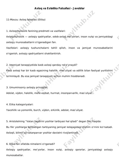 axloq va estetika falsafasi - javoblar — PDF