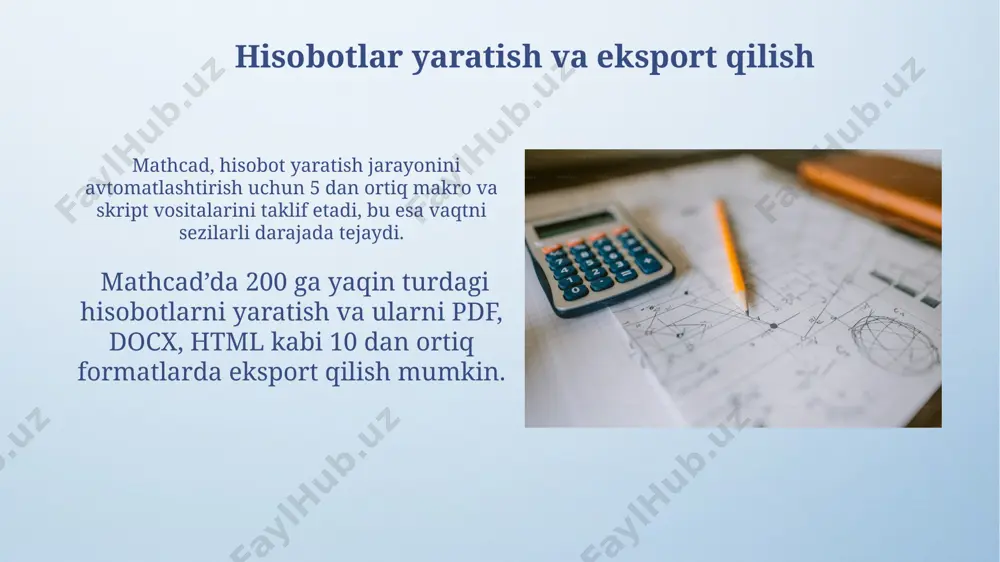 va 3 dan ortiq o'lchamlarni qo'llash mumkin, bu esa hujjatlarning ko'rinishini yaxshilash imkonini beradi. "region" xususiyatidan foydalanib, bir nechta (masalan, 3-5 ta) formula va matn bloklarini guruhlash va ularni bir butun sifatida formatlash mumkin. integrallar va differensiallarni hisoblash murakkab funksiyalarni, masalan, 2x³+5x²-3x+1 kabi polinomlarni differentsiallashda mathcad avtomatik ravishda hosilani hisoblab, natijani soddalashtiradi. mathcad yordamida ikki o'zgaruvchili funksiyalarni qisman differentsiallash mumkin, masalan, f(x,y) = x²y³ funksiyasi uchun qisman hosilalarni aniq hisoblash imkoniyati mavjud. e'tiboringiz uchun rahmat @taqdimot_robot image4.png image5.jpg image6.jpg image7.jpg image8.jpg image9.jpg image10.jpg image11.jpg image12.jpg image13.jpg image14.jpg image15.jpg image16.jpg image17.jpg image18.jpg image19.jpg image3.jpeg